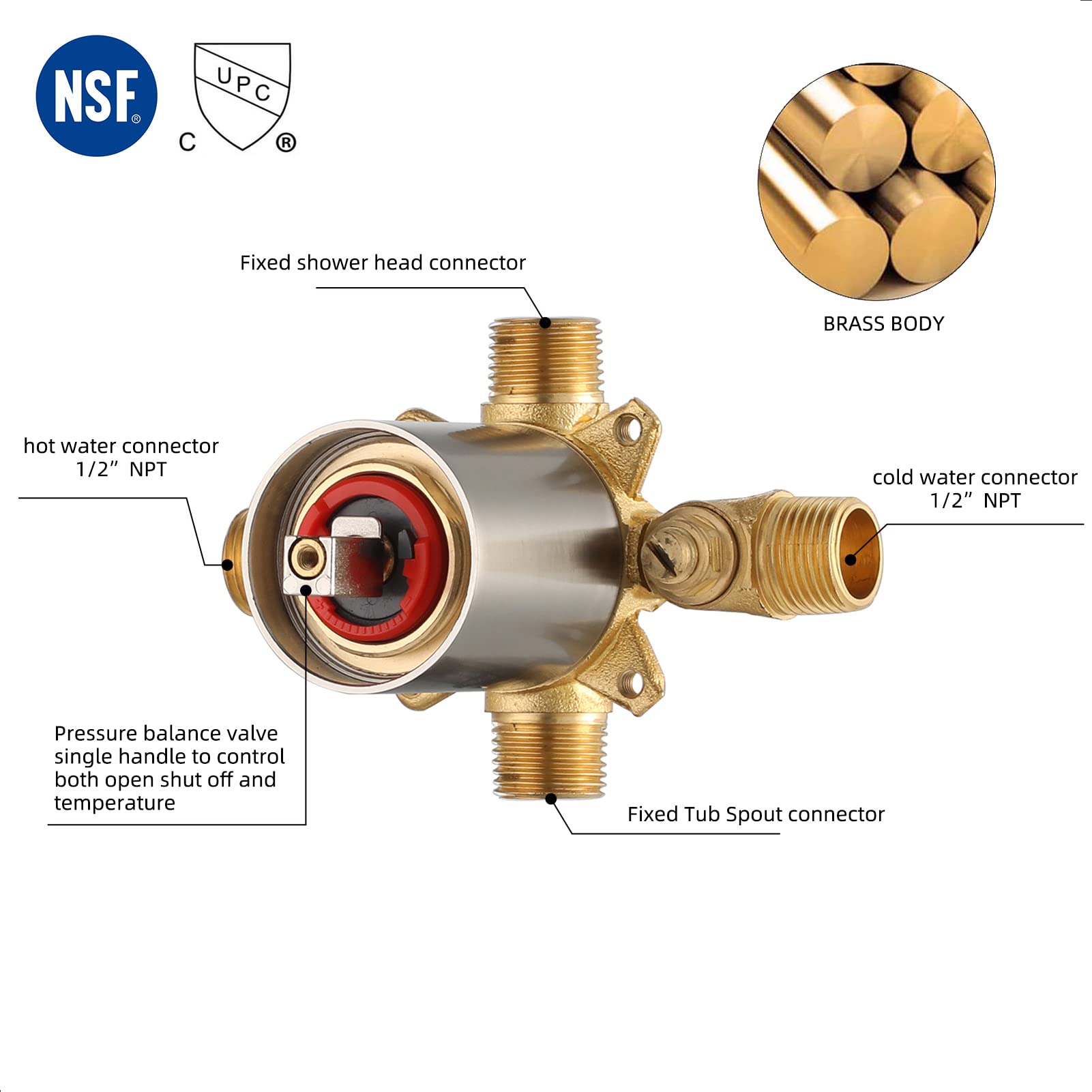 NEWATER Brushed Nickel Shower Faucet Set with 8-Inch Rainfall Shower Head & Tub Spout - Single Handle Pressure Balancing Valve Included - Wall Mounted Shower Tub Combo Kit for Bathroom Remodeling & Modern Home Upgrade