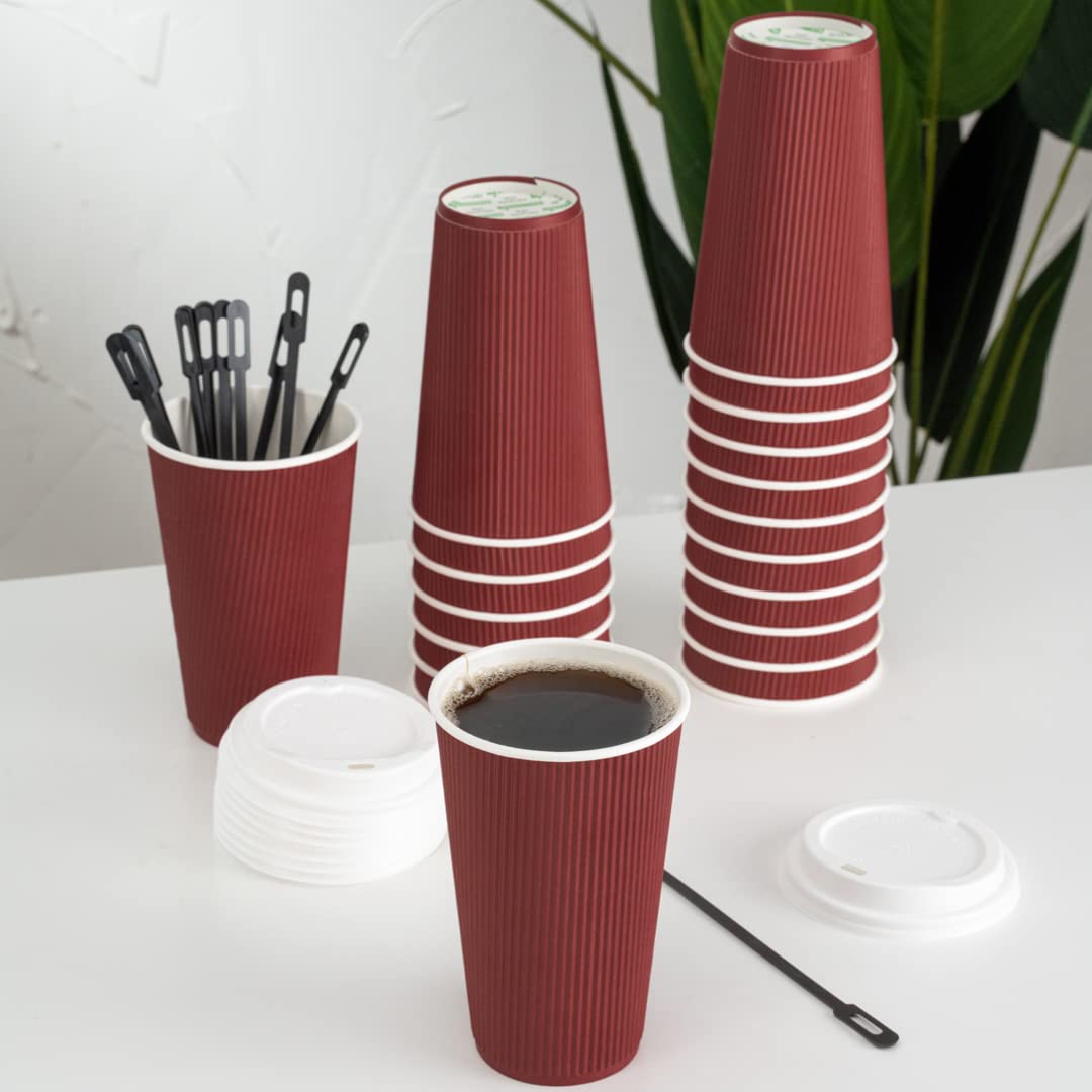 **Restaurantware 16oz Insulated Coffee Cups with Lids (200 Pack) – Leakproof, Non-Slip, Crimson Disposable Paper Cups for Hot Beverages – Perfect for Coffee, Tea, Hot Cocoa & Lattes – Ideal for Cafés, Offices & Events**