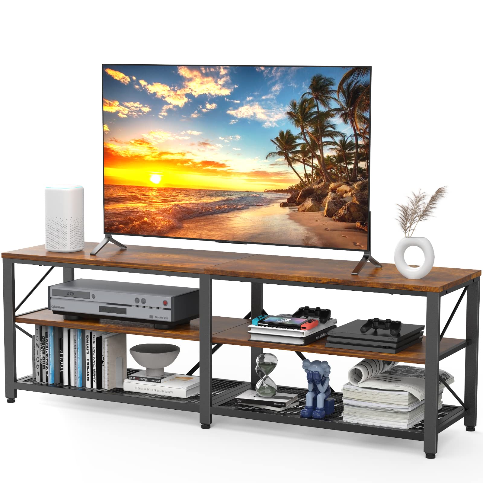 NOBLEWELL 63 Inch Rustic Brown TV Stand - 3-Tier Wood Entertainment Center with Storage, Media Console Table for Living Room - Perfect for Flat Screen TVs, Gaming Consoles & Home Theater Setup