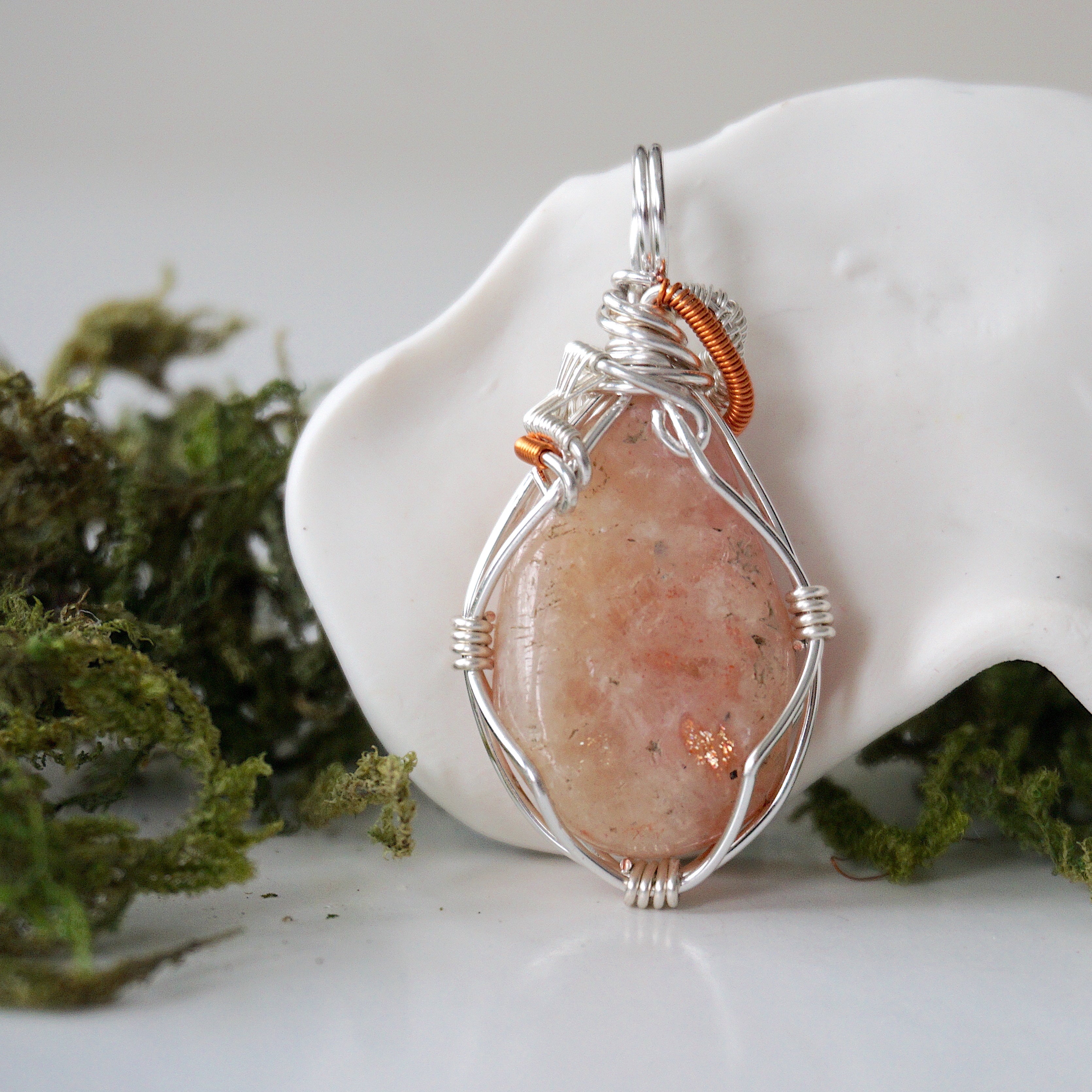 Sunstone Pendant Necklace - Sterling Silver & Copper Mixed Wire Handmade Jewelry for Women - Perfect for Spiritual Healing, Energy Work & Boho Fashion