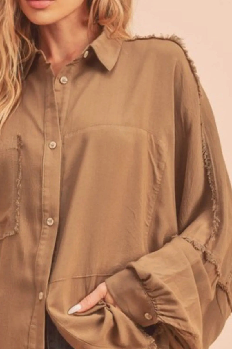 Aemi + Co Raw Edge Exposed Seam Collared Neck Shirt for Women - Stylish Casual Blouse for Office Wear, Date Night & Everyday Outfits