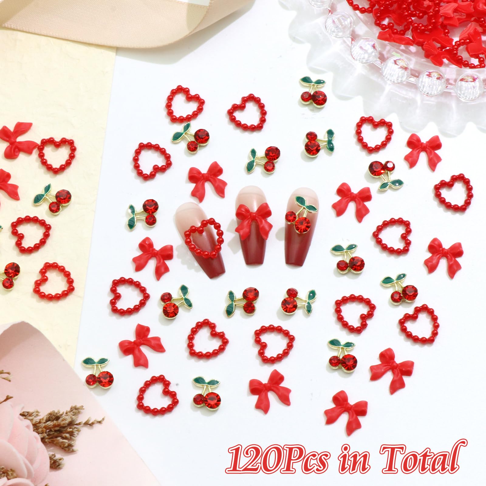 BELICEY 120Pcs Red Acrylic Bow & Heart Flatback Nail Charms - Alloy Cherry Nail Decorations with Rhinestones for DIY Manicure & Nail Art - Perfect for Women's Nail Design, Party Nails, and Professional Salon Use