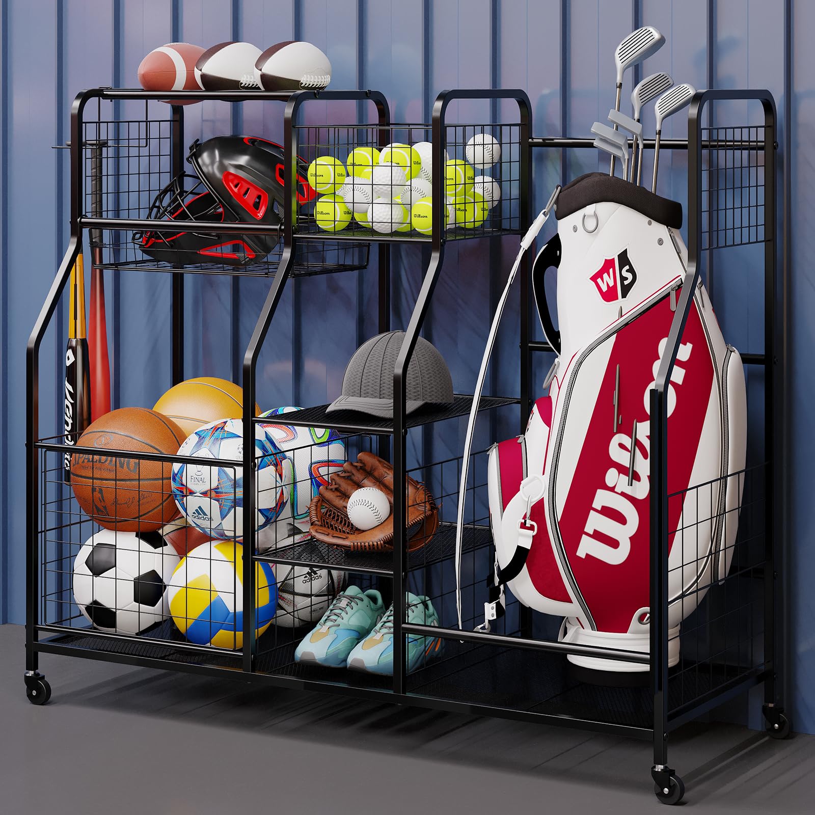 Garage Sports Equipment Organizer with Baskets & Hooks - 2 Golf Bag Storage Rack for Golf Clubs, Outdoor Toys, and Ball Organization | Perfect for Garage, Basement, and Shed Storage Solutions