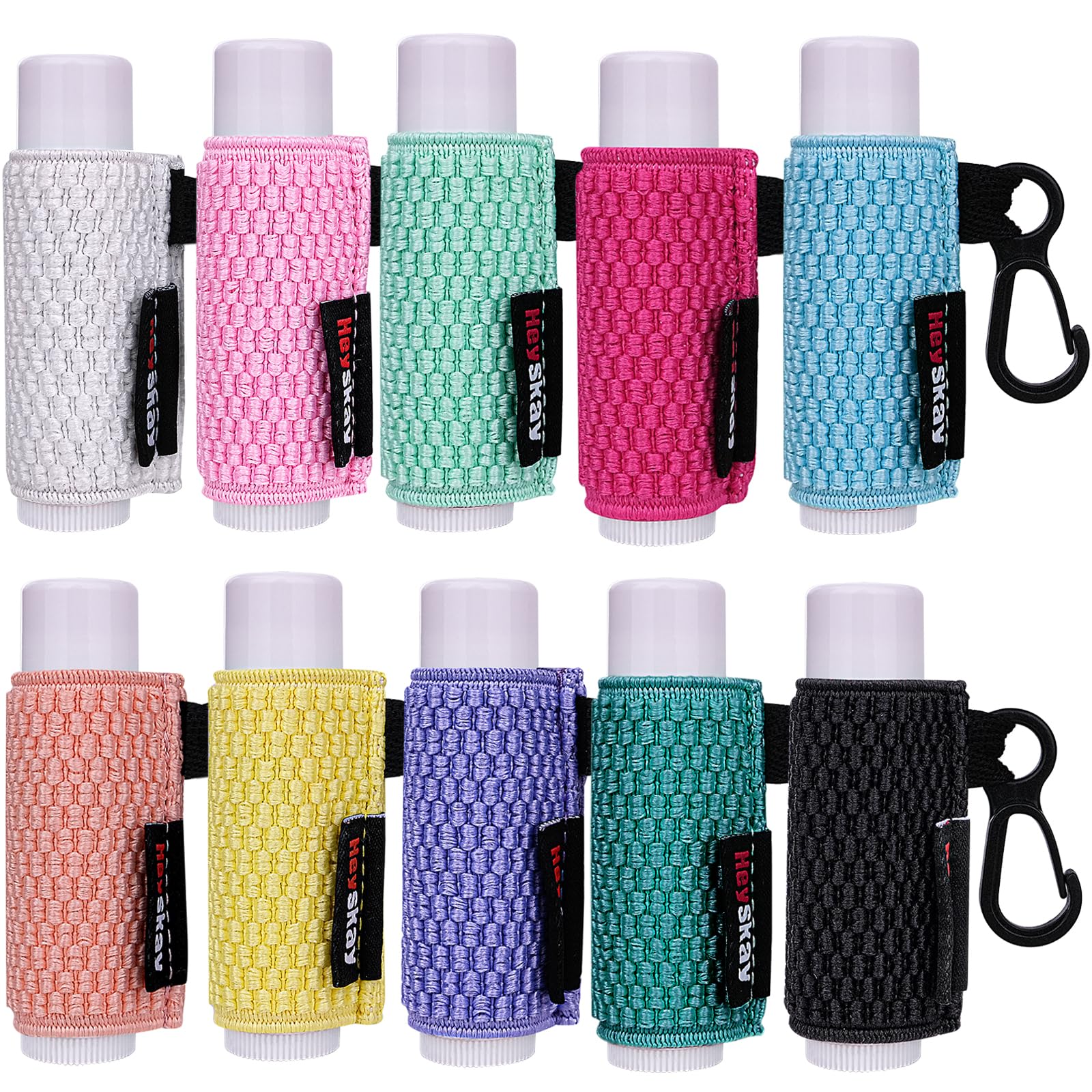 HEYSKAY 10PCS Lip Balm Holder Keychain - Compact Clip-On Lipstick & Chapstick Organizer with Elastic Sleeves - Perfect for Keychains, Purses & Travel Essentials