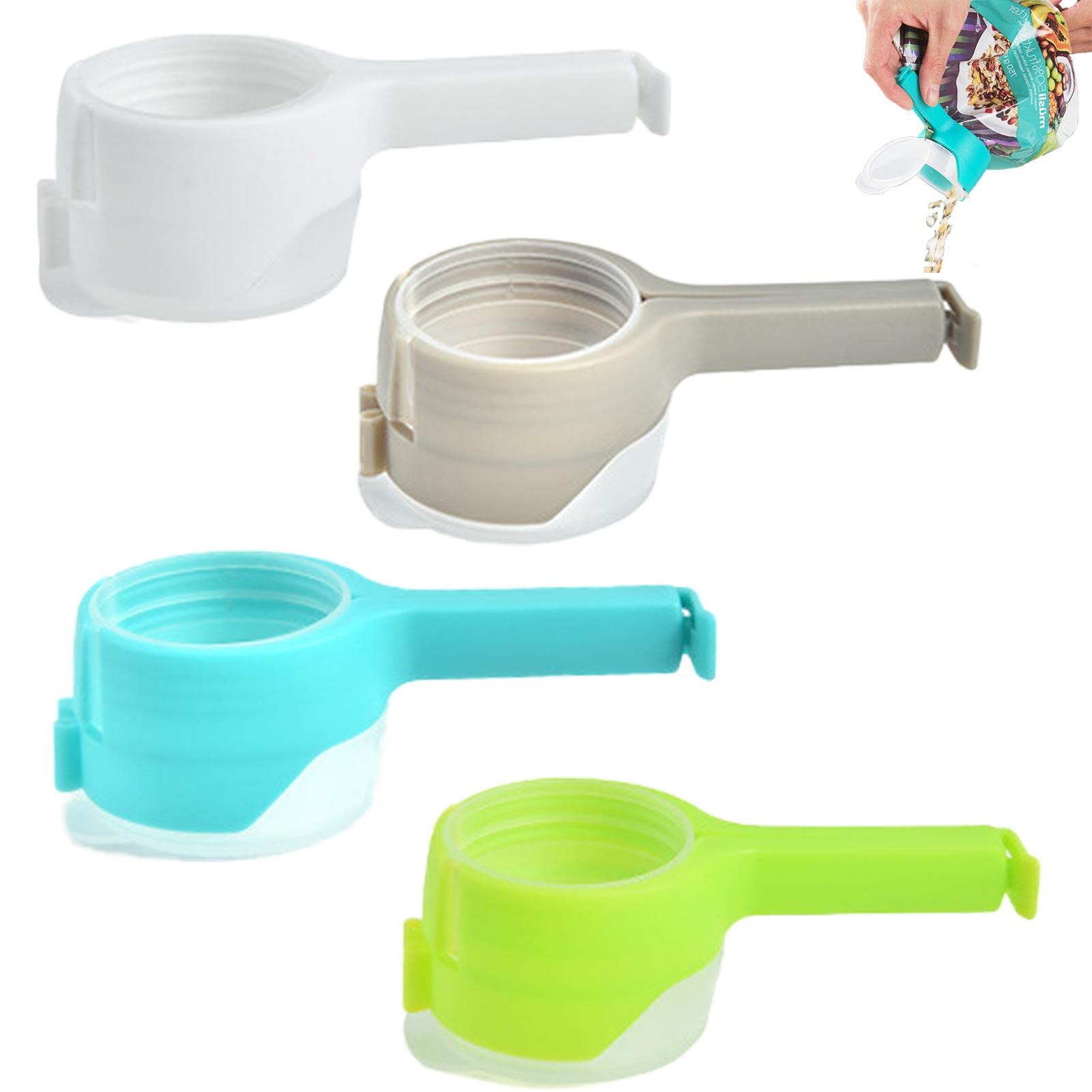4Pcs Reusable Plastic Bag Clips with Pour Spout - Food Storage Sealing Clips for Snacks, Cereal, Chips & Liquids - Perfect for Kitchen Pantry Organization & Easy Pouring