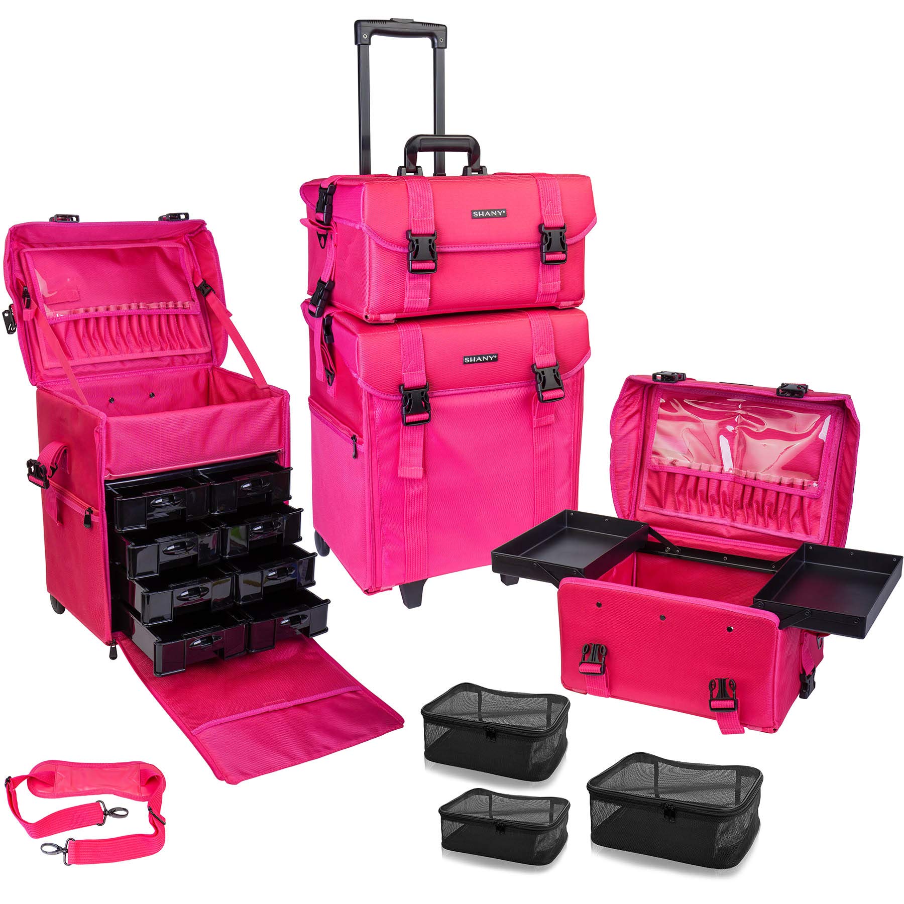SHANY Professional Makeup Artist Rolling Trolley - Cosmetic Travel Case with Organizer Drawers & Mesh Bags - Portable Beauty Storage for Salon, Bridal, and On-the-Go Makeup Artists - Summer Orchid Design
