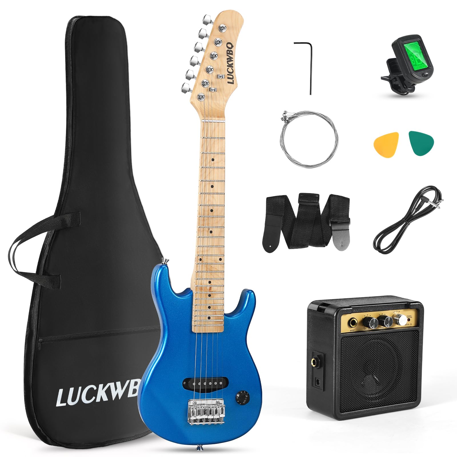 **30 Inch Kids Electric Guitar Beginner Kit - ST Style Mini Electric Guitar for Boys & Girls with 5W Amp, Strap, Gig Bag, Tuner & Picks (Blue) - Perfect for Learning, Practice & Performances**