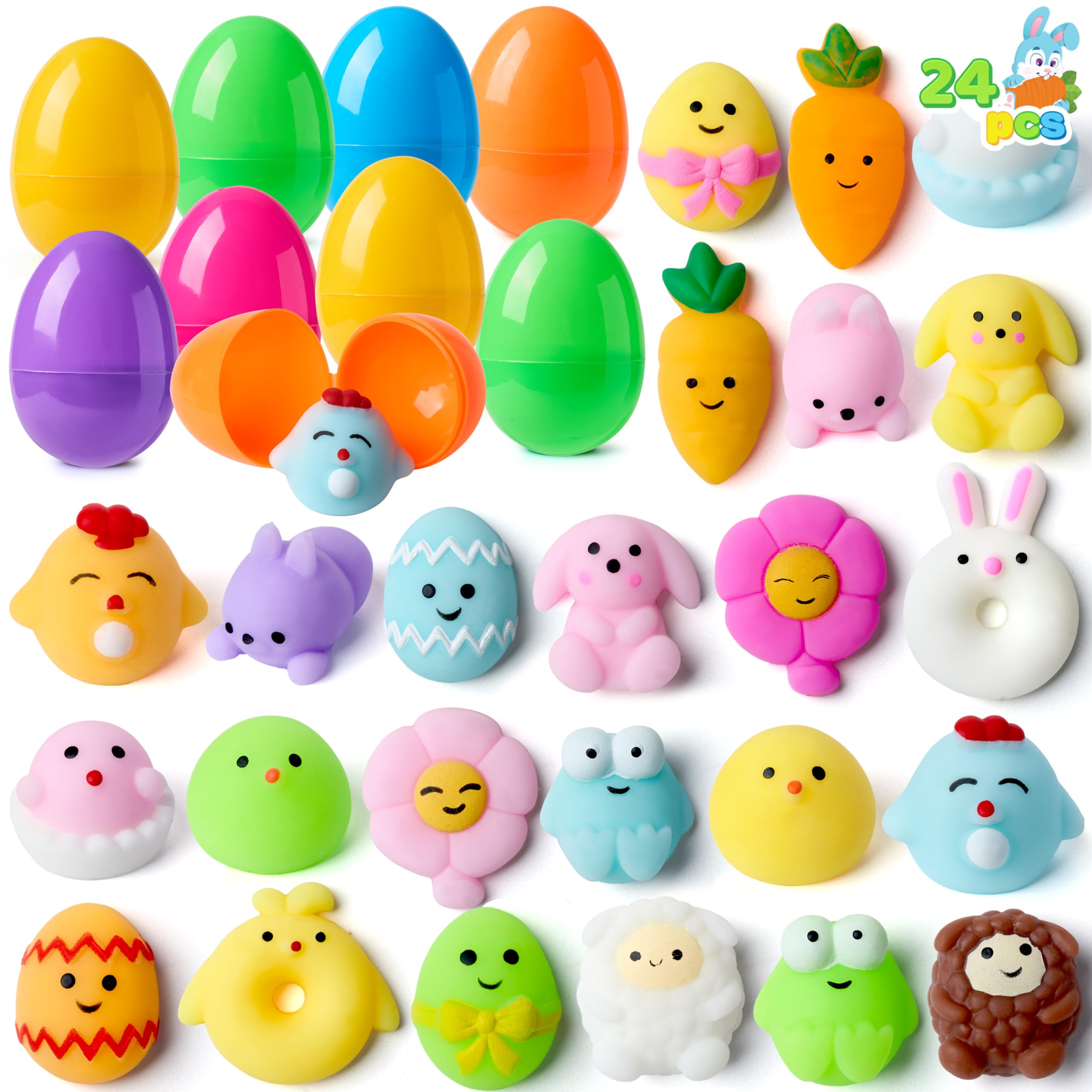 24 Pcs Easter Prefilled Eggs with Mochi Squishy Toys - Cute Stress Relief Toys for Kids, Party Favors, Easter Basket Stuffers & Classroom Prizes - Perfect for Easter Egg Hunts, Birthday Parties & School Rewards