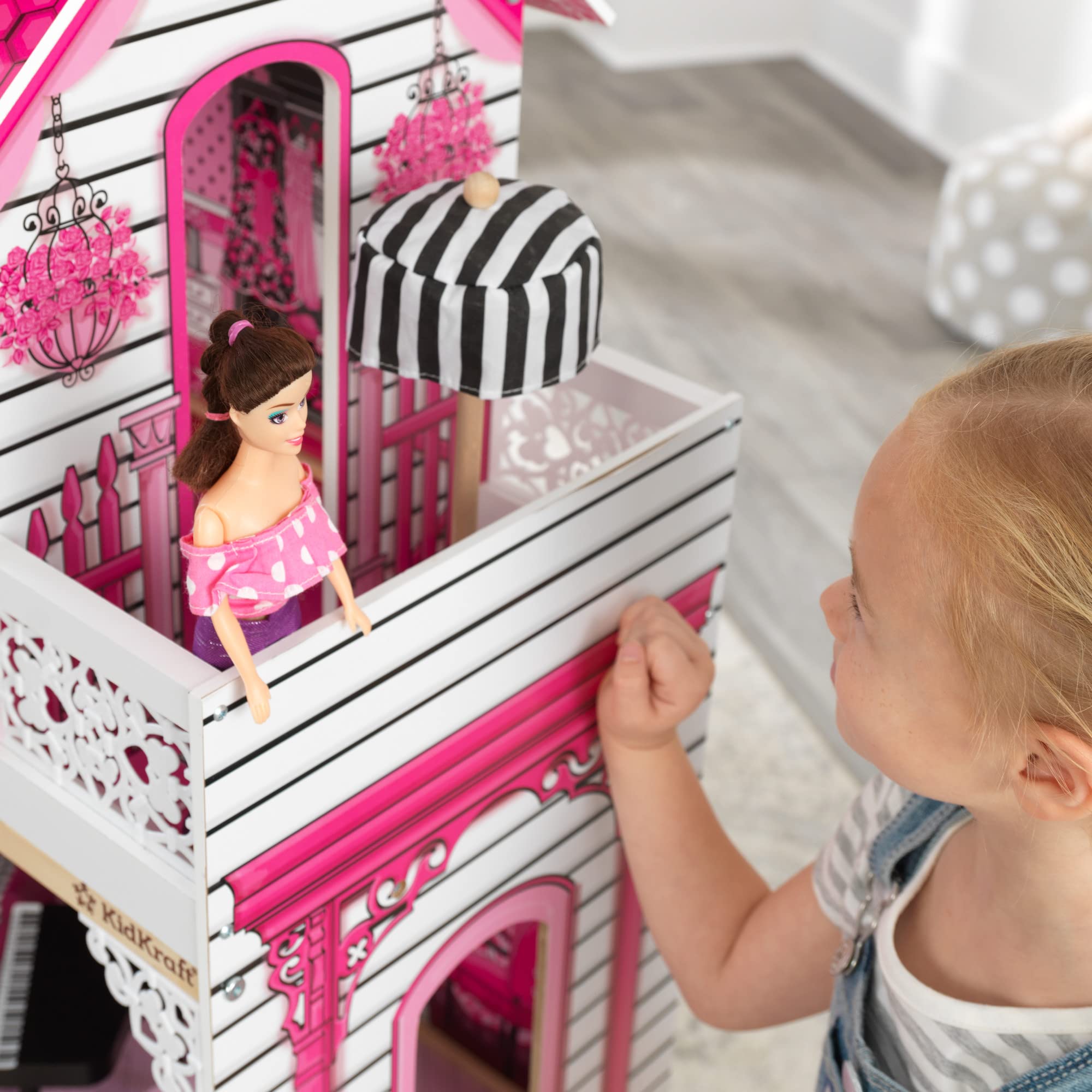 KidKraft Amelia Wooden Dollhouse with Elevator & Balcony - 15-Piece Furniture Accessories Set, Pink Playhouse for Girls Ages 3+ | Perfect for Pretend Play, Birthday Gifts & Nursery Decor