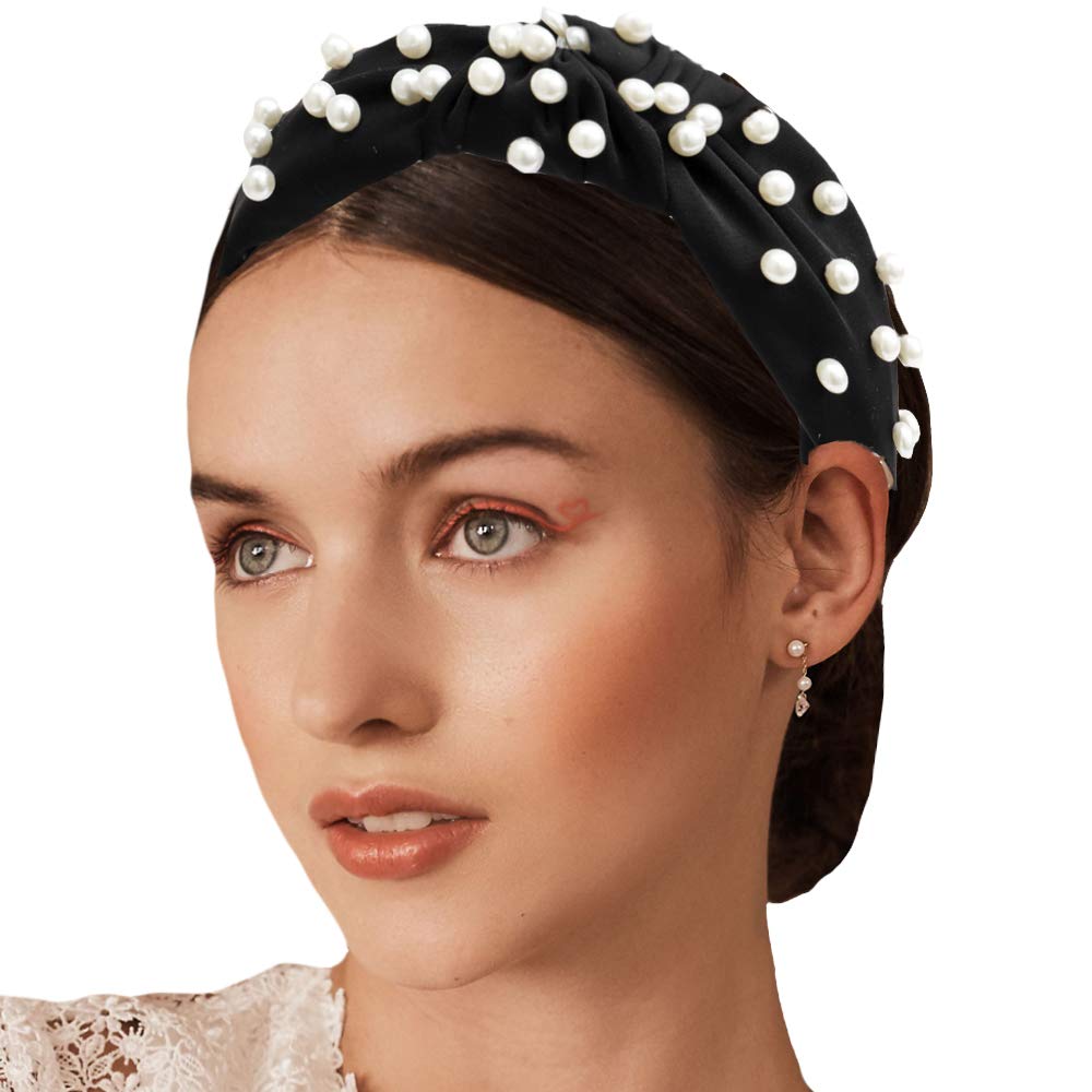 2PCS Women's Fashion Headbands - Etercycle Bow Knotted Wide Elastic Hair Bands for Yoga, Workouts & Daily Wear (Black & Black Pearl) - Comfortable Non-Slip Hair Accessories for Women & Girls