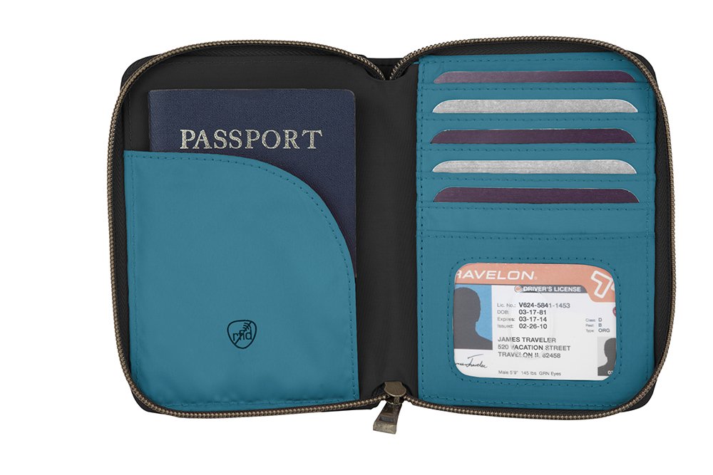 Travelon Signature Pleated RFID Blocking Passport Wallet for Women & Men - Slim Travel Organizer with Multiple Card Slots & Zippered Pockets - Perfect for International Trips, Airplane Travel & Vacation Essentials (Black)
