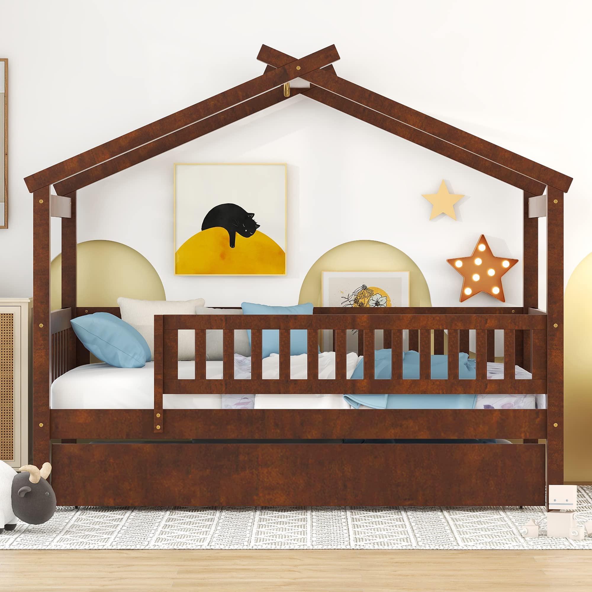 Montessori Twin Size House Bed with Trundle & Safety Railings - Wooden Playhouse Bed Frame for Kids, Girls & Boys (Walnut Finish) - Perfect for Bedrooms, Playrooms & Montessori Learning Spaces