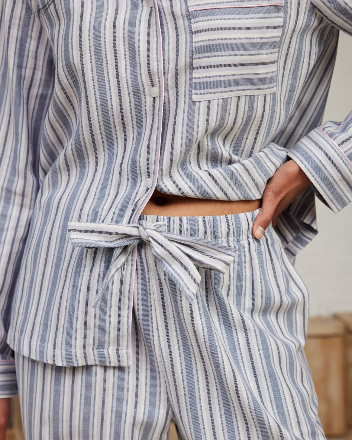 Organic Cotton Brushed Stripe Long Sleeve Pajama Set for Women - Soft & Comfortable Blue & White Sleepwear - Perfect for Lounge, Sleep & Relaxation at Home