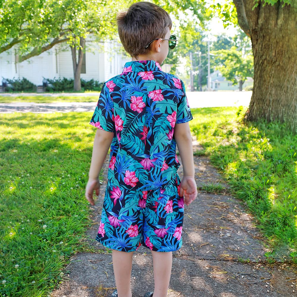 UNICOMIDEA Boys Hawaiian Shirt & Swim Trunks Set - Tropical Print 2-Piece Outfit for Kids 5-12 Years | Beach Vacation, Pool Party, Summer Outing