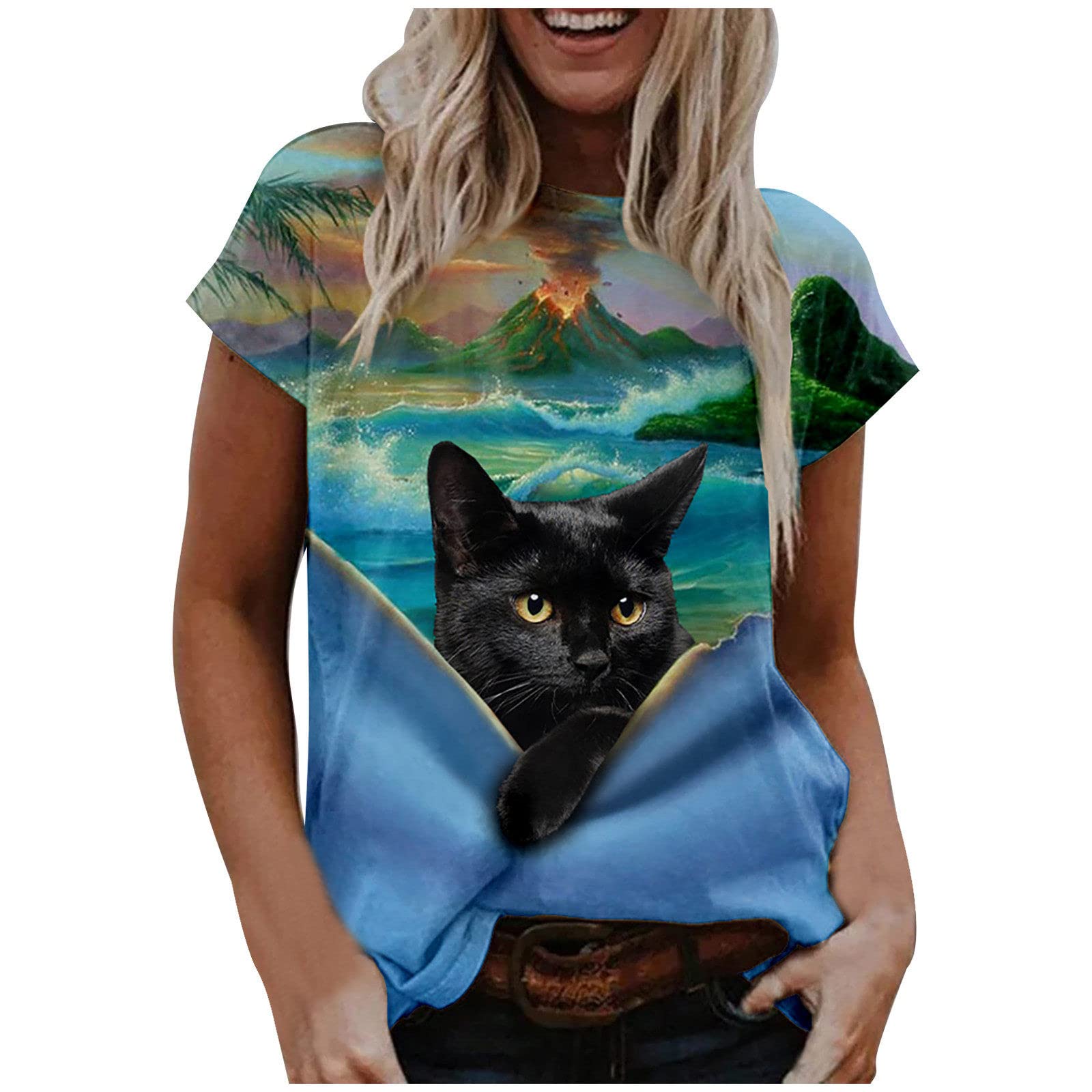Women's Casual Round Neck Printed Short Sleeve T-Shirt | Y2K Style Raglan Top | Spring Sweatshirt & Tropical Blouse for Everyday Wear | Perfect for Street Style, Beach Outings & Summer Fashion