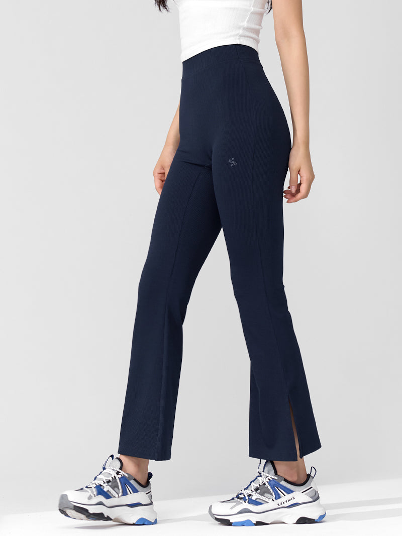 Ribbed High-Waist Bootcut Pants with Side Slits - Stretchy Flared Trousers for Women | Perfect for Casual Outfits, Office Wear & Night Out