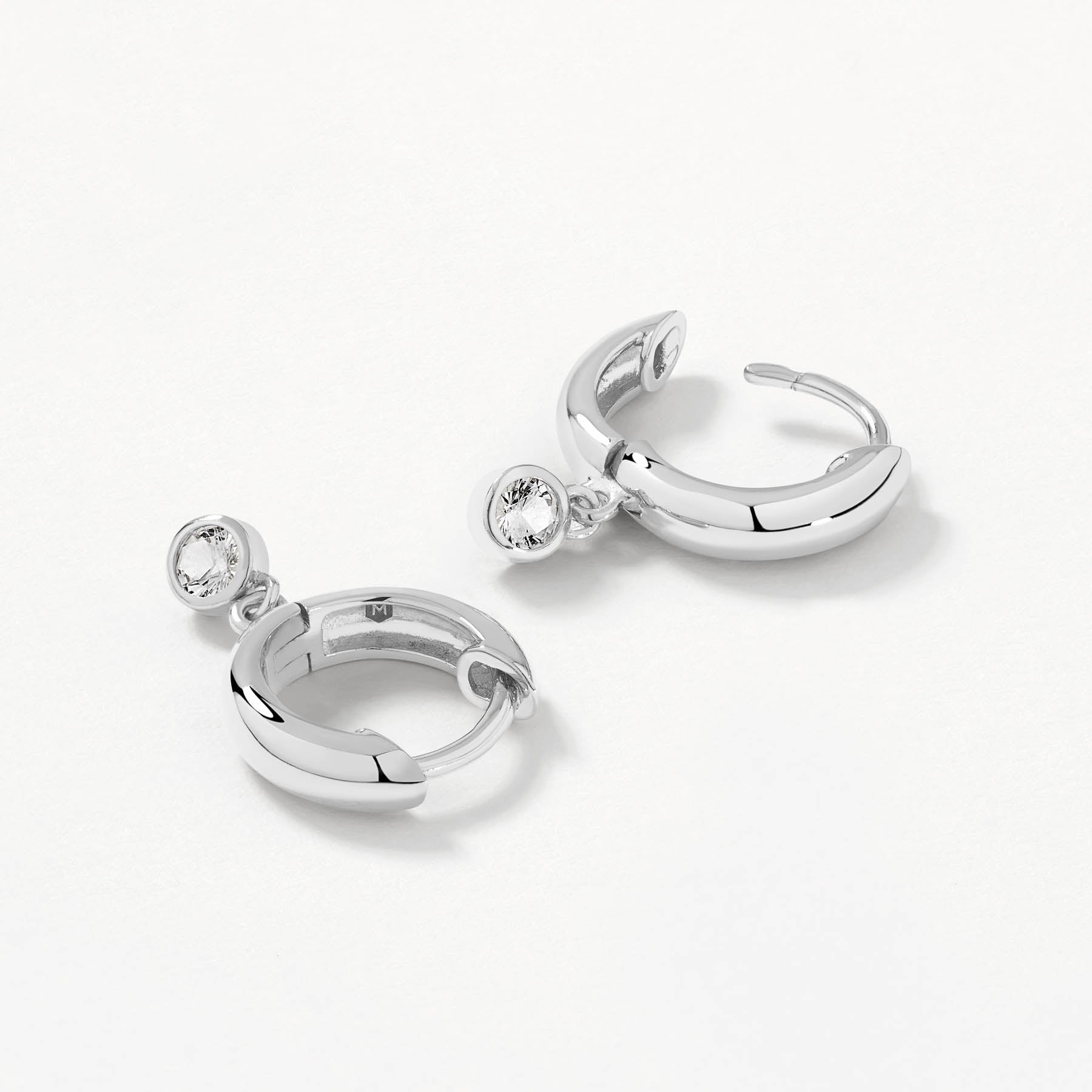 White Topaz Round Drop Charm Huggie Earrings in Sterling Silver - Perfect for Weddings, Parties & Everyday Elegance