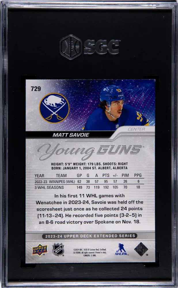 2023-24 Upper Deck Extended Series Matt Savoie Young Guns Rookie Card SGC 9.5 Mint - Perfect for Hockey Card Collectors & Sports Memorabilia Enthusiasts