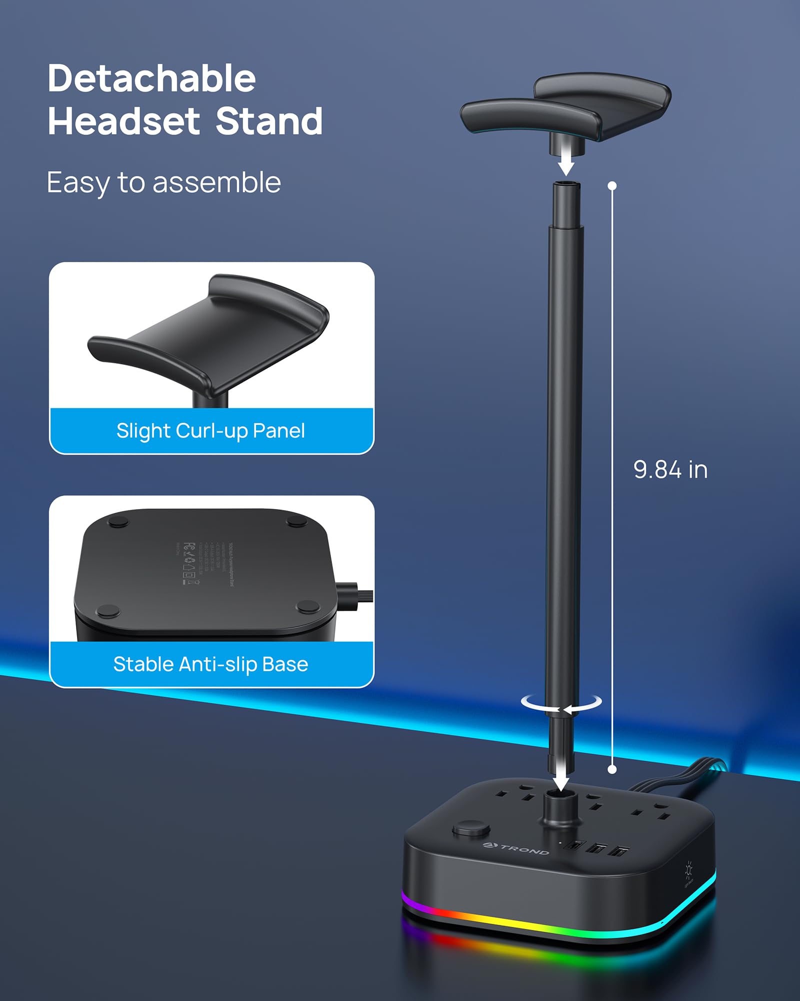 TROND RGB Gaming Headphone Stand with USB C & AC Outlets - 5 Light Modes, 3 Power Outlets, 2 USB A & 1 USB C Ports - Perfect Gaming Desk Accessory & Gamer Gift for PC, PS5, Xbox Setup - Ideal for Streaming, Esports & Home Office Workspace