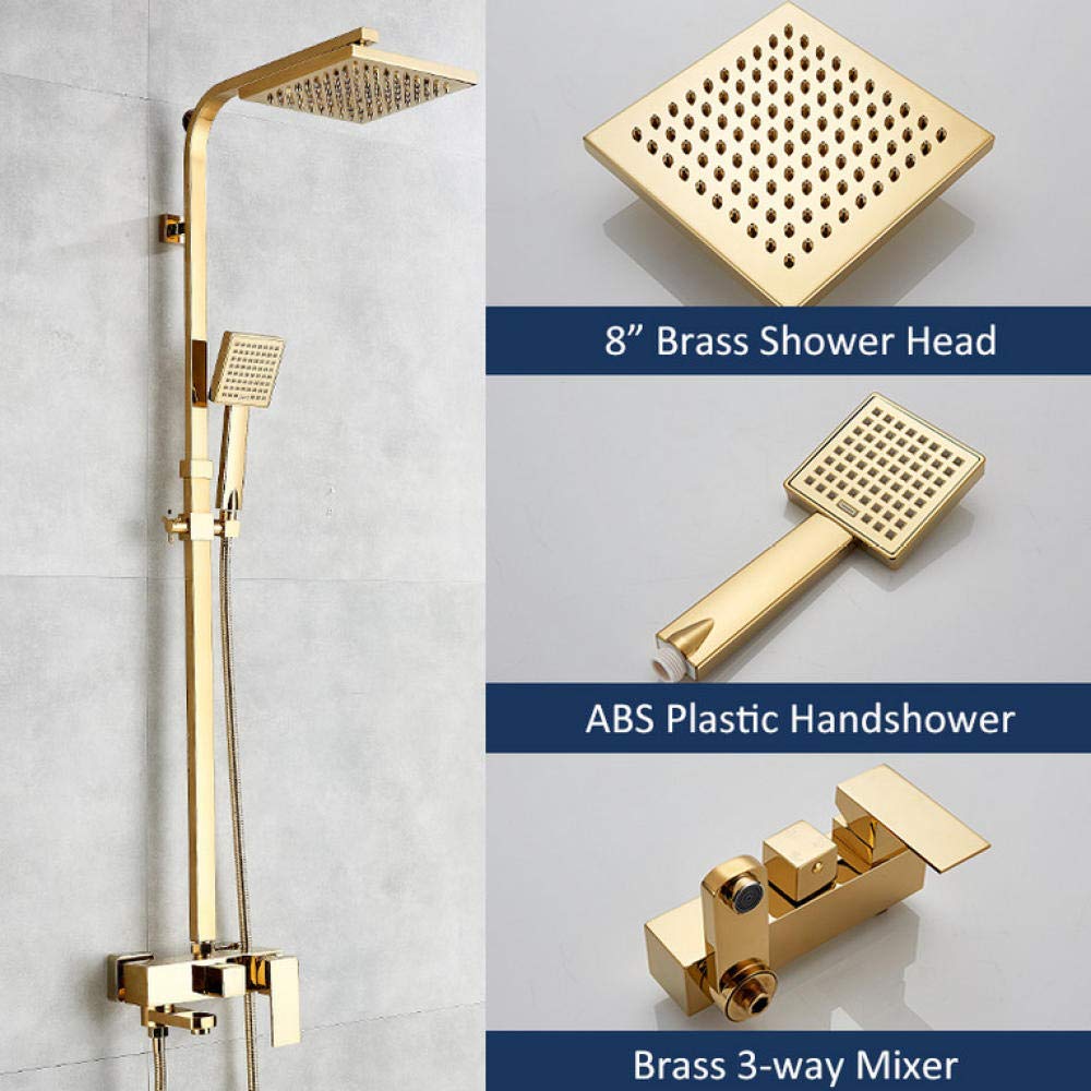 Premium 8 Inch Brass Rainfall Shower System - 3-Way Mixer Tap Wall Mount Bath Shower Faucet Kit with Swivel Spout in Gold Finish | Perfect for Modern Bathroom Renovation & Luxury Spa Experience