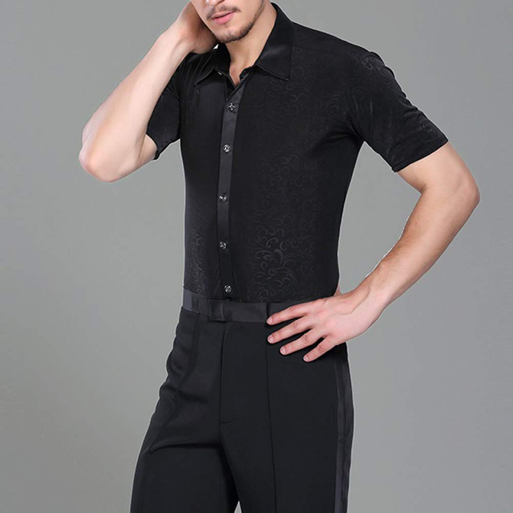 Professional Men's Black Striped V-Neck Latin Dance Shirt - Elegant Short Sleeve Performance Top for Salsa, Ballroom & Modern Dance Competitions