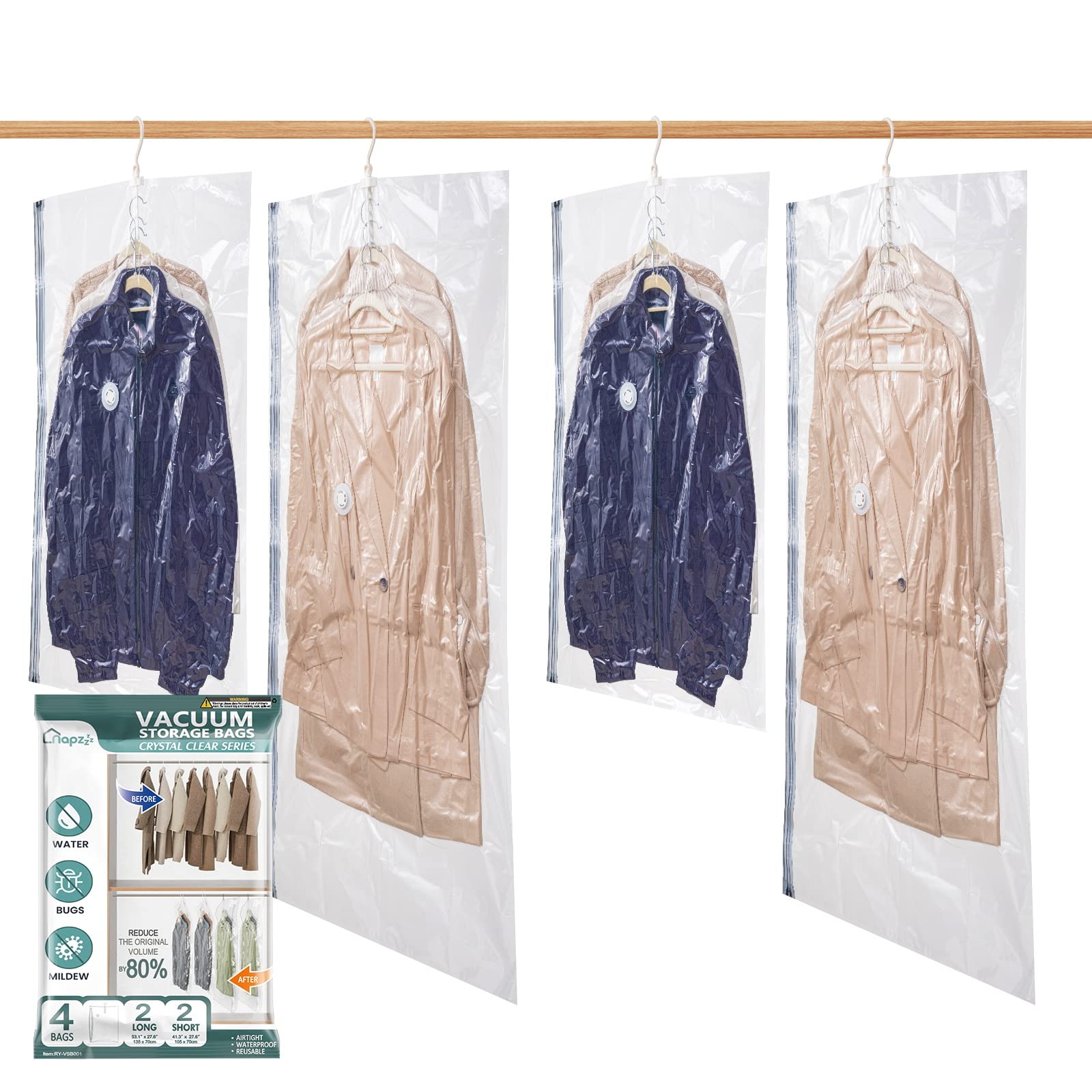 Premium Vacuum Storage Bags for Clothes - Space Saver Bags Set of 4 (2 Long, 2 Short) - Compress Clothing, Suits & Coats - Ideal for Travel, Moving & Seasonal Storage - Google SEO Optimized