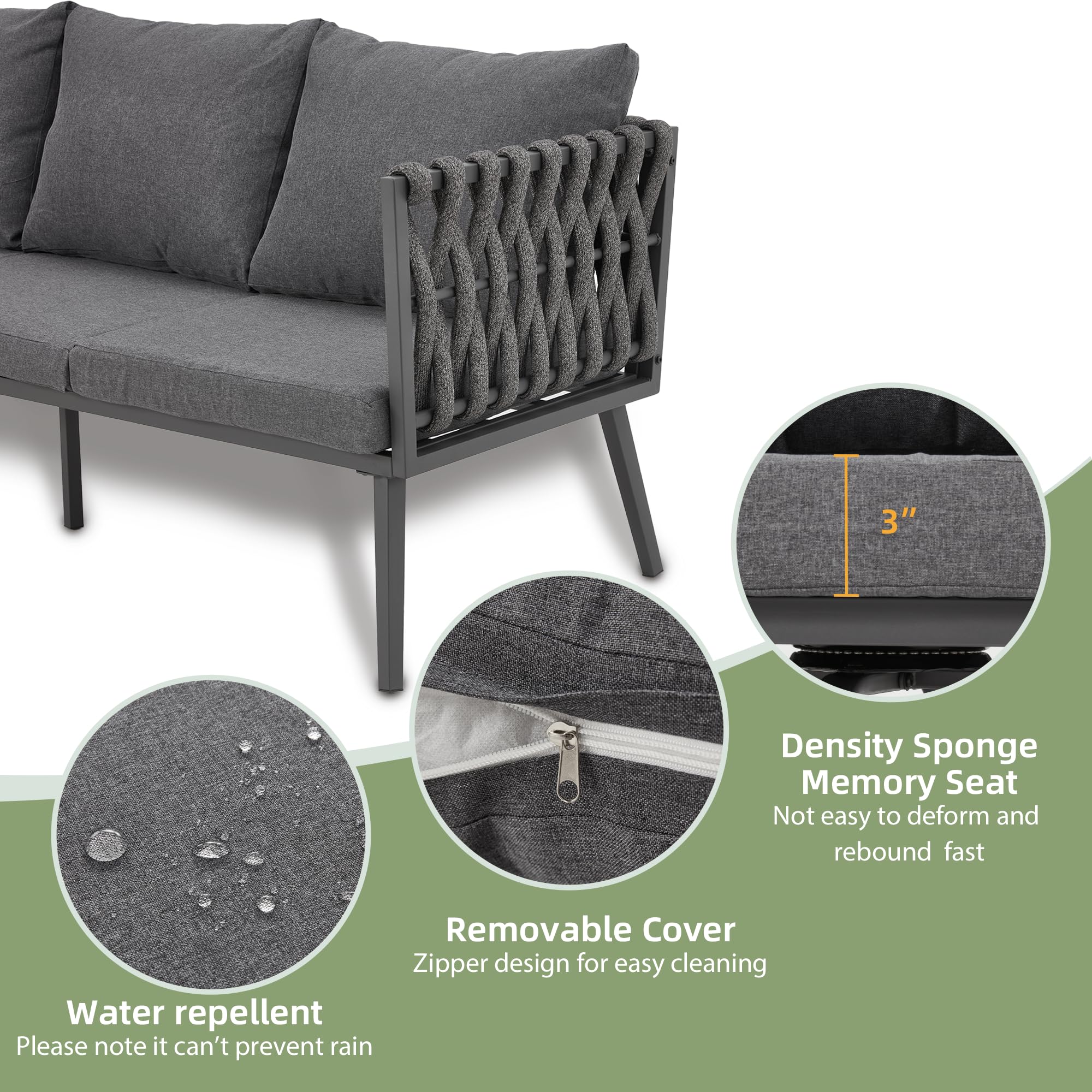 Modern 5-Piece Outdoor Patio Furniture Set - 3-Seater Sofa, Loveseat & Coffee Table - Durable Aluminum Frame with Woven Rope Design - Grey Conversation Set for Garden, Balcony, Yard - Perfect for Outdoor Entertaining & Relaxation