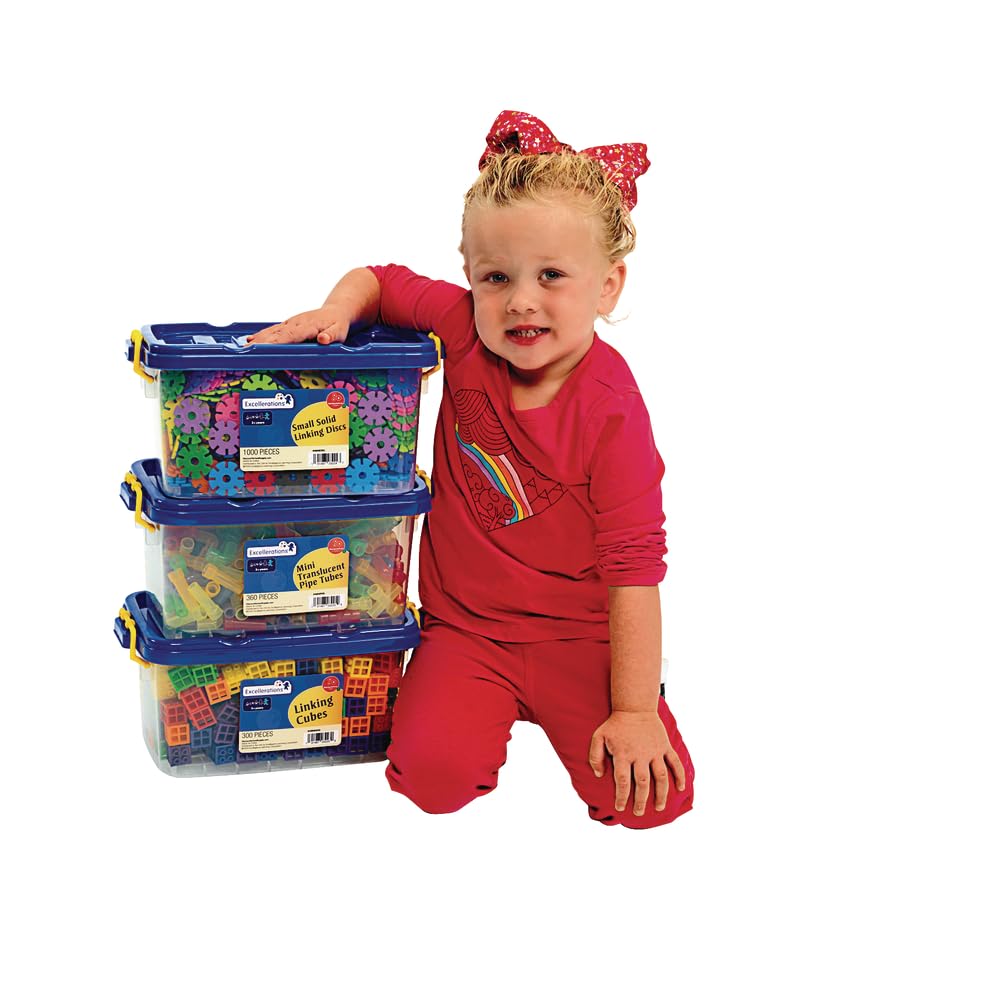 Excellerations 1660-Piece Educational Building Set - Linking Discs, Mini Tubes & Grid Cubes for Preschool STEM Learning | 3 Storage Bins | Creative Construction Toys for Kids Classroom & Home Play