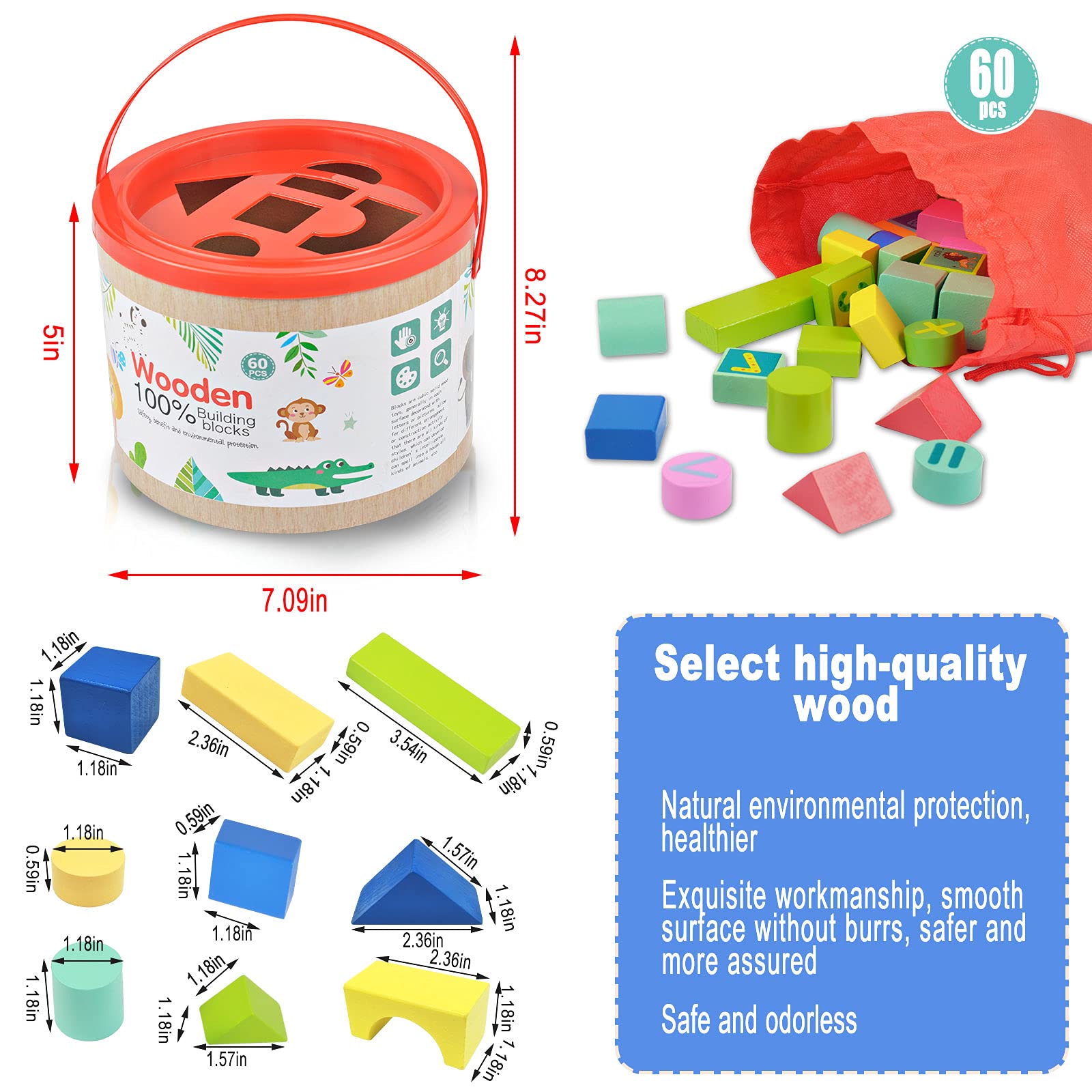 60 PCS Wooden Building Blocks for Toddlers - Educational Stacking Toys for Kids Ages 3-8 | Preschool Learning Toys for Boys & Girls | Perfect for Classroom, Birthday Gifts & Montessori Activities