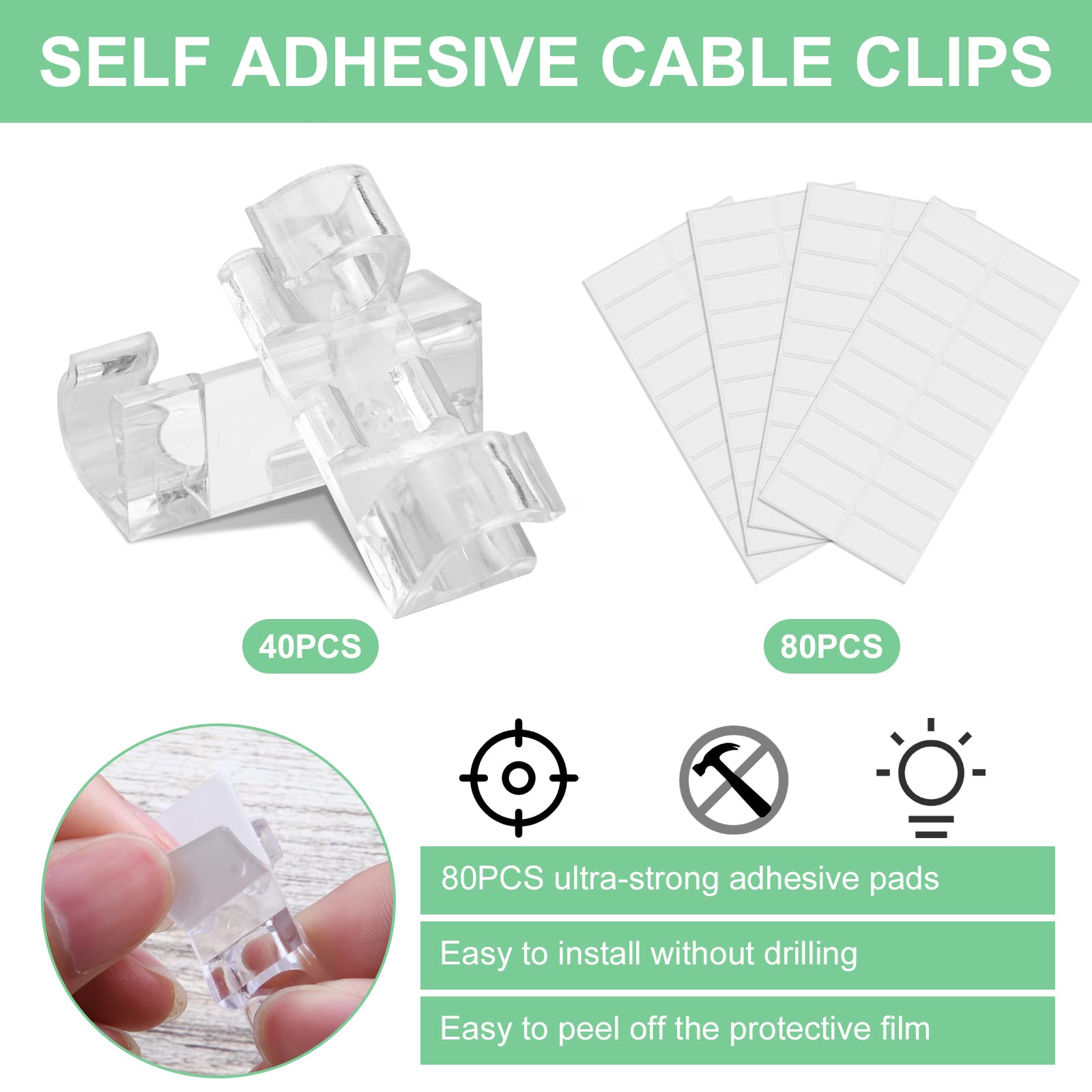 URAQT 40-Pack Transparent Self Adhesive Cable Clips - Cord Organizer for Desk, Wall, Office - Holds Charger, Earphones, Phone Cables - Perfect for Home, Office, and Workspace Organization