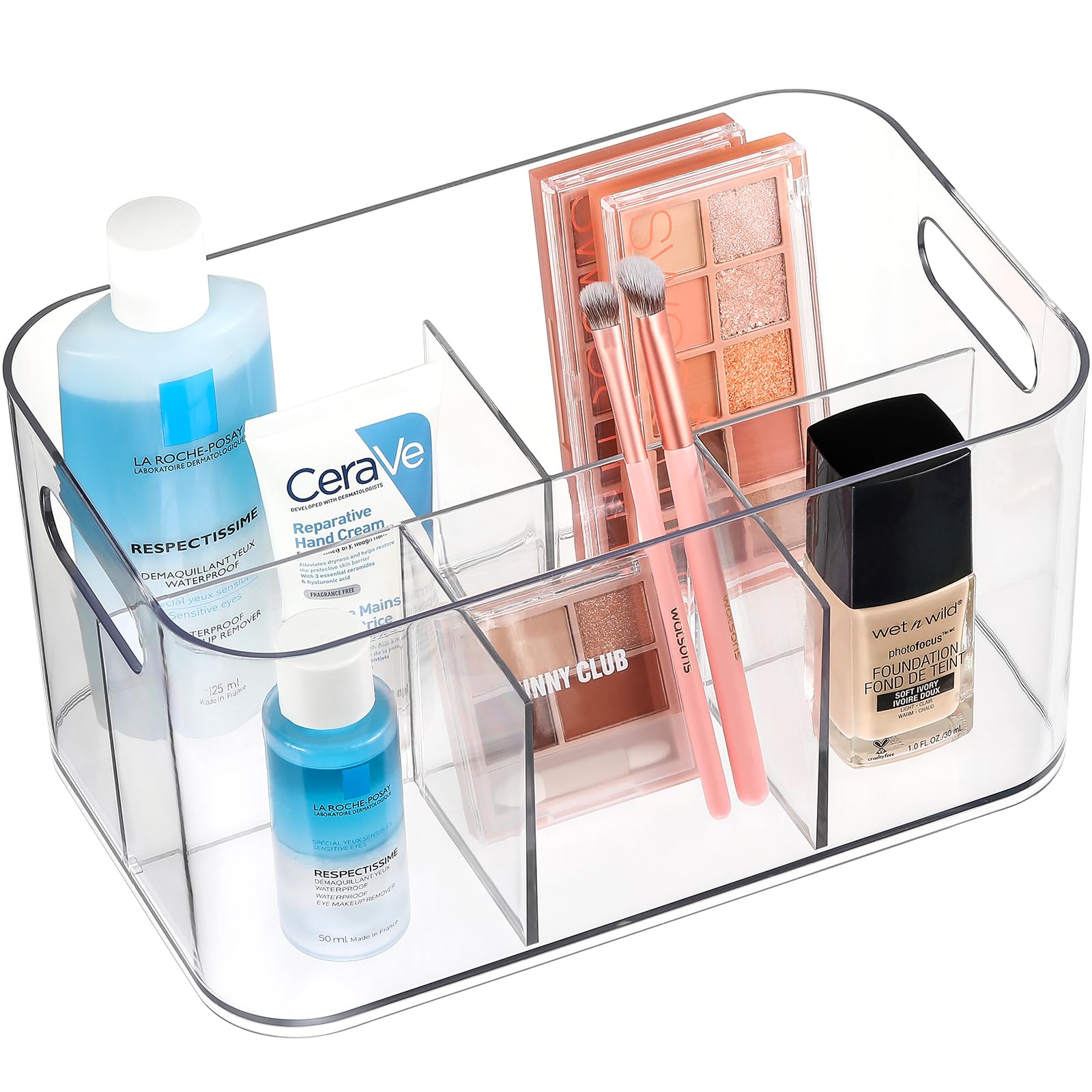 5-Compartment Clear Plastic Storage Bin - Divided Organizer for Art Supplies, Makeup & Cosmetics - Multi-Purpose Storage Container for Vanity, Bathroom, Kitchen, Office & Crafts - Perfect for Organizing Brushes, Nail Polish, Office Supplies & Cleaning Items (1 Pack)
