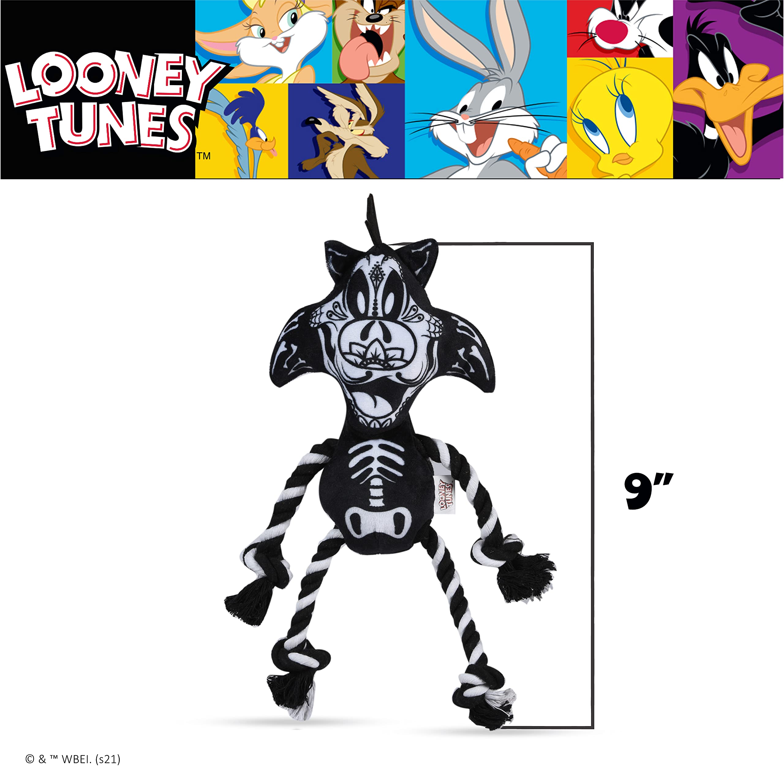 Looney Tunes Sylvester The Cat Halloween Squeaky Rope Dog Toy - 9 Inch Plush Chew Toy for Small & Medium Dogs | Interactive Play & Dental Health | Perfect for Halloween, Training & Playtime