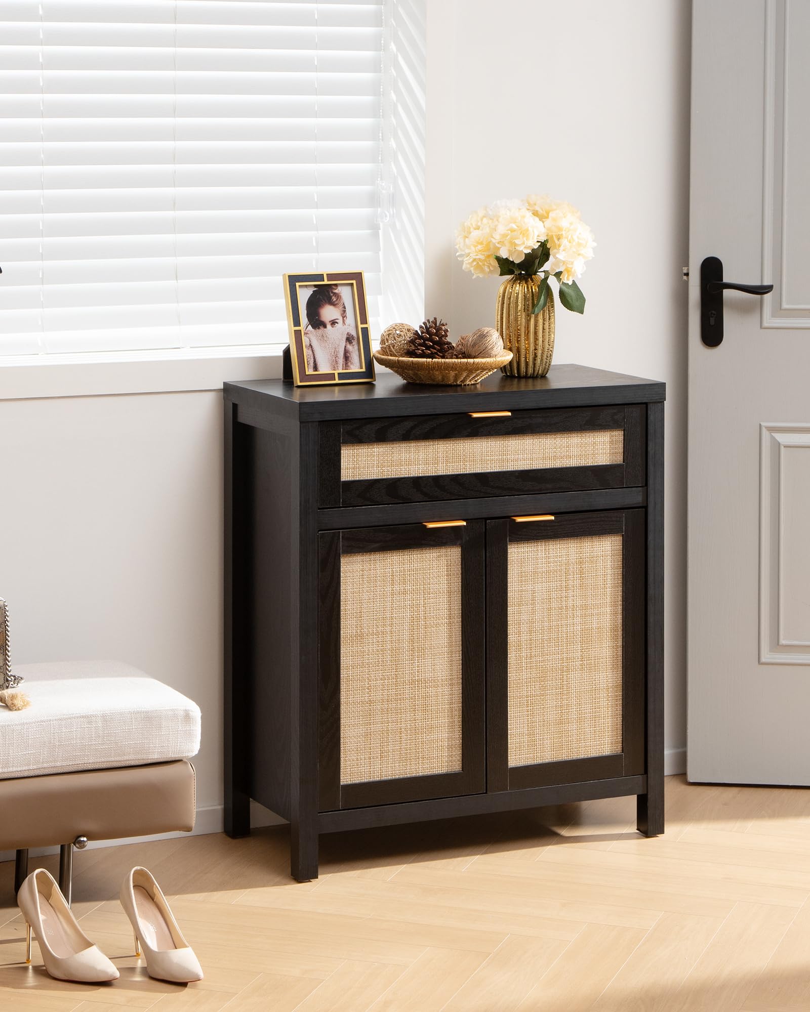 SICOTAS Modern Rattan Sideboard Buffet Cabinet with Doors & Drawer - Entryway Storage, Living Room Console Table, Coffee Bar Organizer - Black Accent Furniture for Home Decor