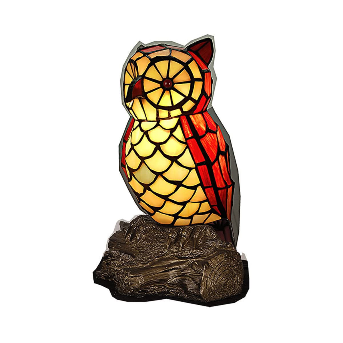 LITFAD Tiffany Style Vivid Owl Desk Lamp - 1 Light Stained Glass LED Night Light in Red for Bedroom, Living Room, Office & Hotel Decor | Perfect Reading Light & Cozy Ambiance Lighting