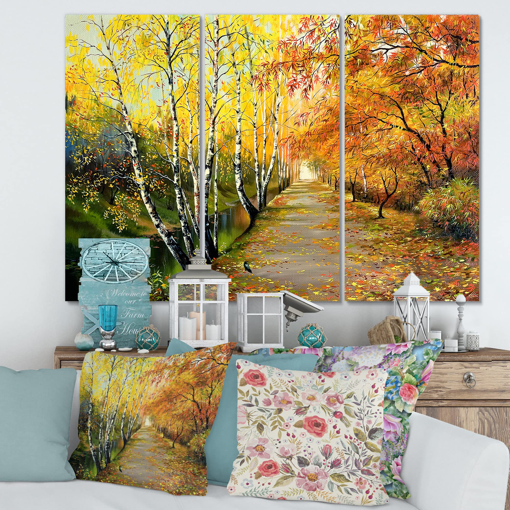Autumn River in the Woods Landscape Canvas Wall Art - Traditional Nature Painting for Living Room, Bedroom & Office Decor