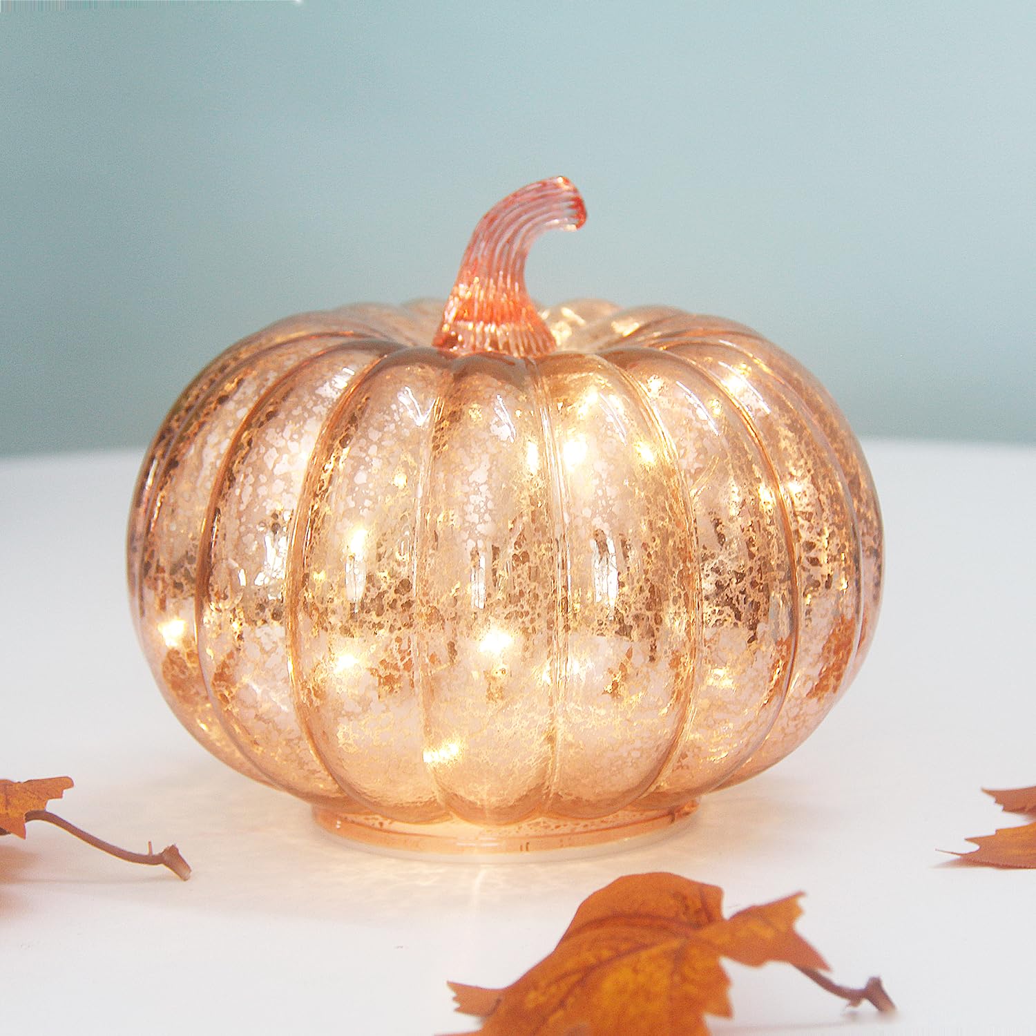 Mercury Glass Pumpkin Light with Timer - Battery Operated LED Pumpkin with 10 Warm White Fairy Lights Inside | Perfect for Halloween Decorations, Fall Centerpiece, Thanksgiving Table Decor, Christmas Home Decor & Rustic Wedding Accents (Rose Gold)