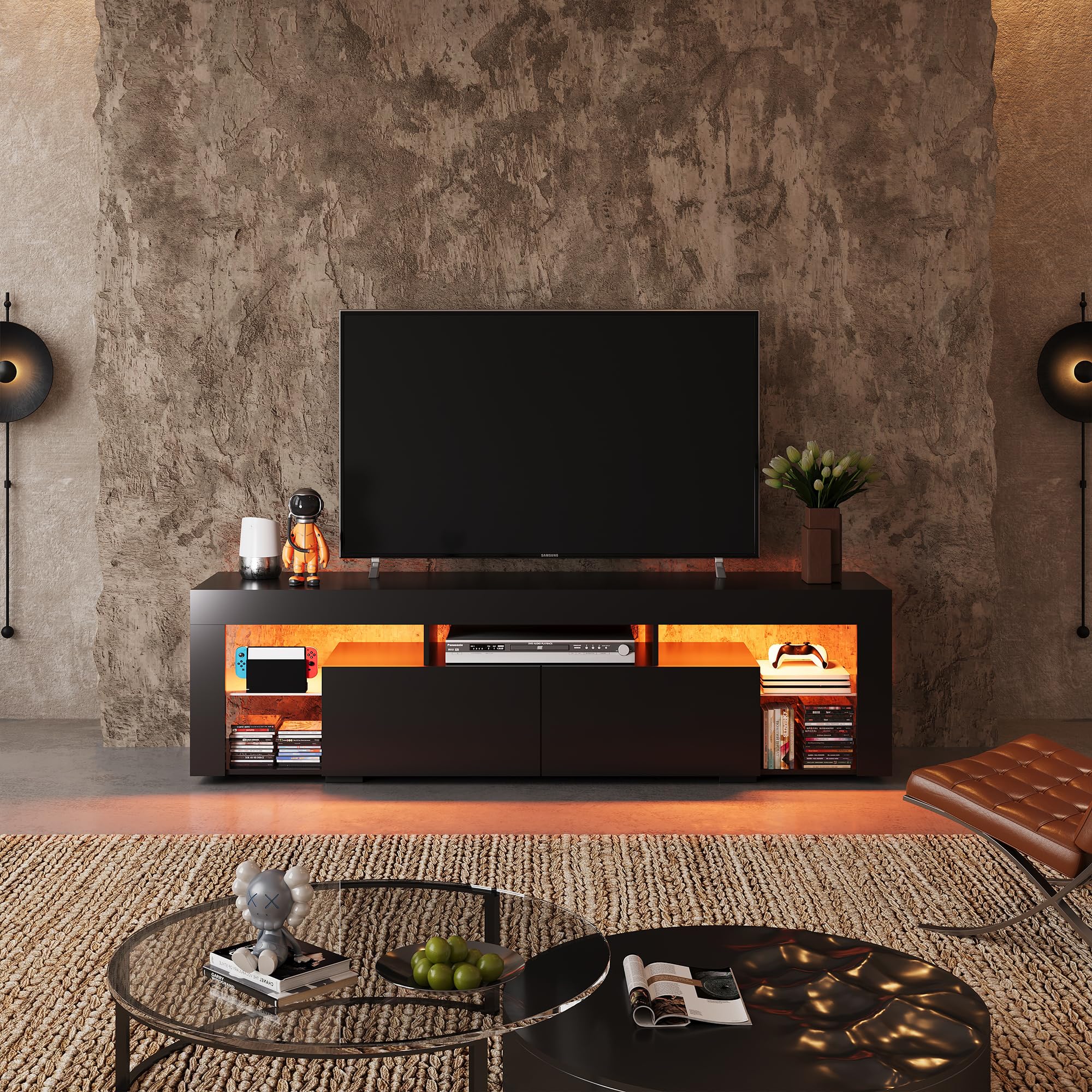 WLIVE 63 Inch TV Stand for 60-70 Inch TVs - Modern LED Entertainment Center with 2 Drawers - Black TV Console for Living Room - Perfect for Home Theater & Family Entertainment