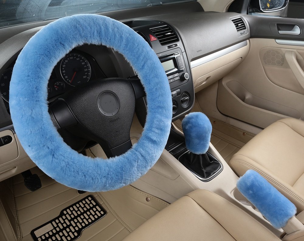 Dotesy 3-Piece Genuine Sheepskin Steering Wheel Cover Set with Gear Shift & Handbrake Cover - Universal Fit for 15