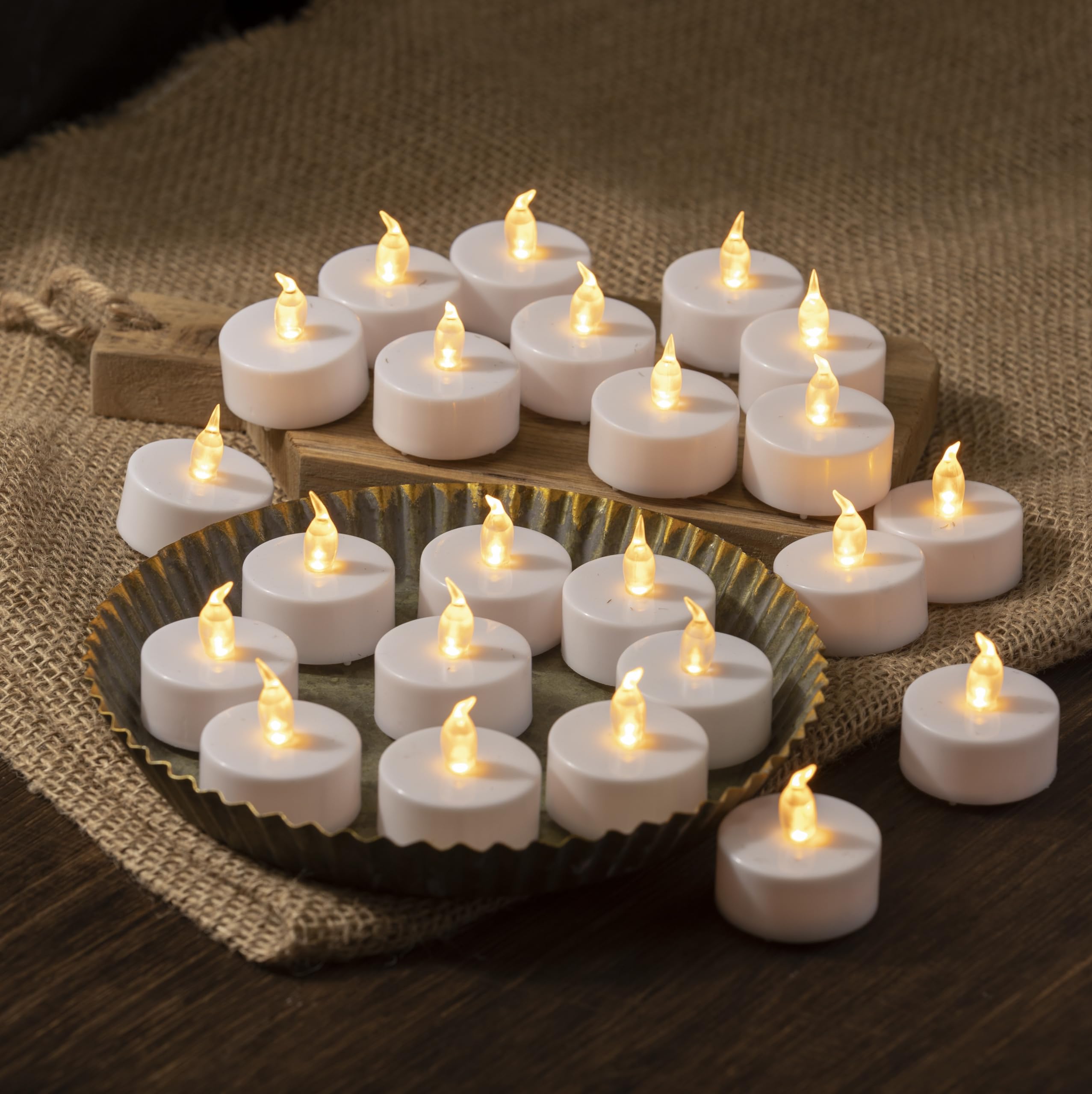 24 Pack LED Tea Lights - Battery Operated Flameless Candles with Realistic Flickering Effect, Warm Yellow Decorative Lights for Wedding, Party, Home Decor & Centerpieces