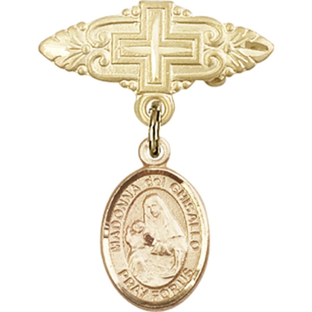 Gold Filled Baby Badge with St. Madonna Del Ghisallo Charm & Cross Pin - 1 X 3/4 Inch Religious Jewelry - Perfect for Christening Gifts, Baby Blessings & First Communion
