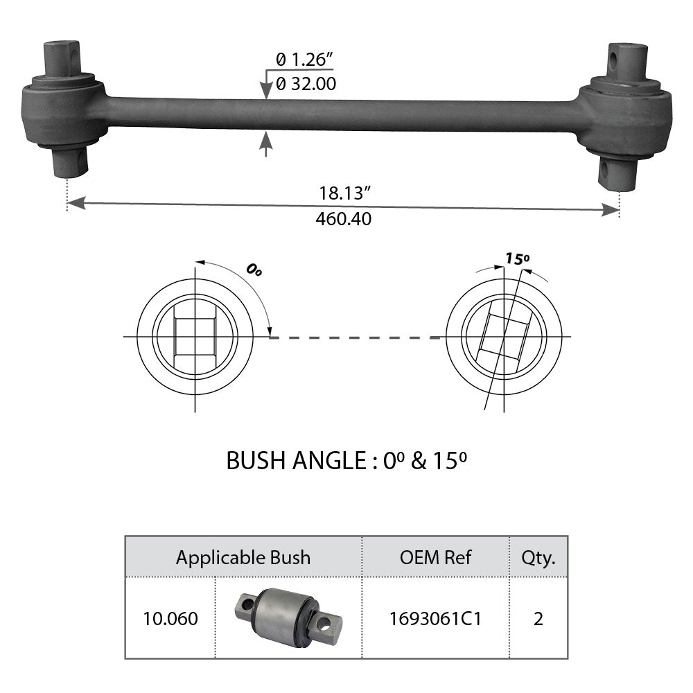 International Navistar Torque Rod with Bushing - Replacement for 493920C2 | Heavy-Duty Suspension Upgrade for Trucks & Commercial Vehicles