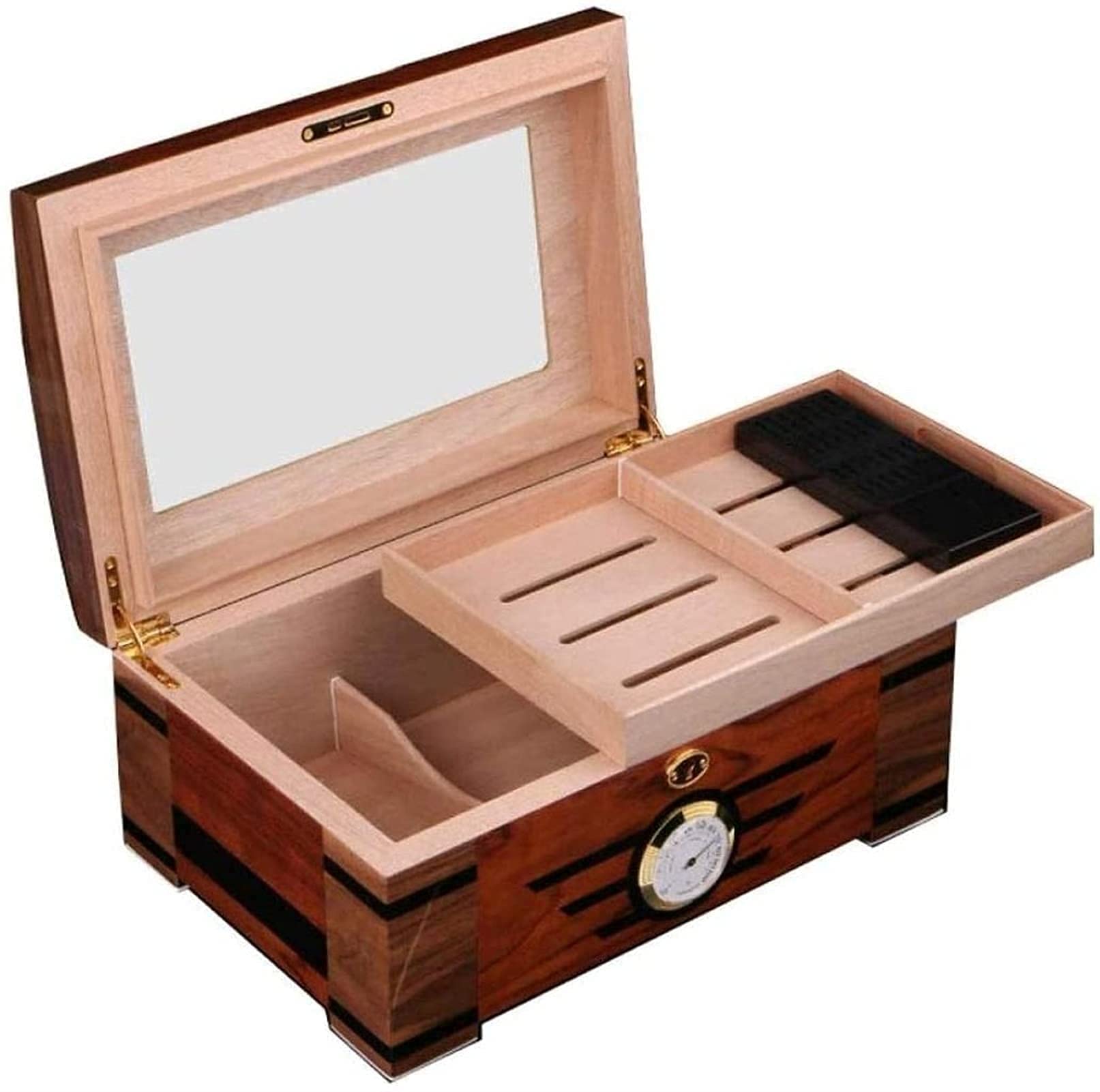 Premium Glass Top Cigar Humidor Box with Built-in Hygrometer & Rectangular Humidifier - Desktop Cigar Storage Case for Home, Office, or Lounge Use
