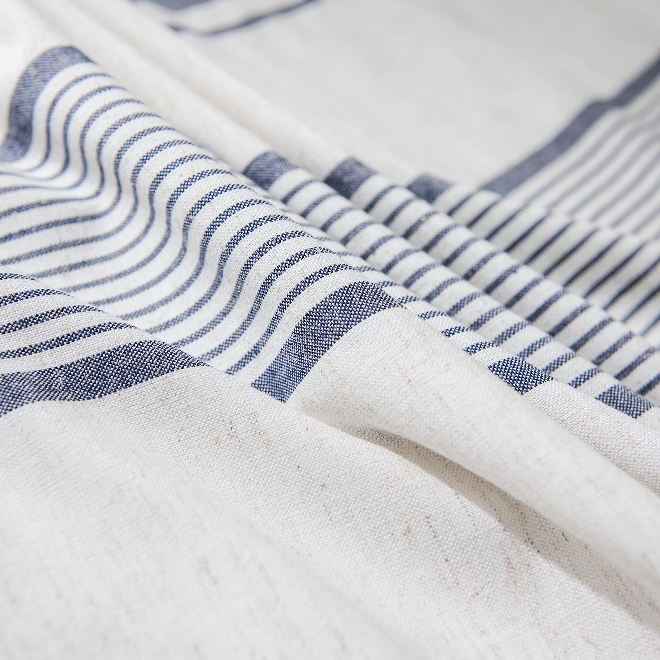 ArtBud White and Blue Striped Cotton Linen Tablecloth - Farmhouse Style Washable Rectangle Table Cover (60×70 Inches, Fits 4-6 Seats) for Kitchen, Coffee Shop, Party Decor and Dining Room Table Setting