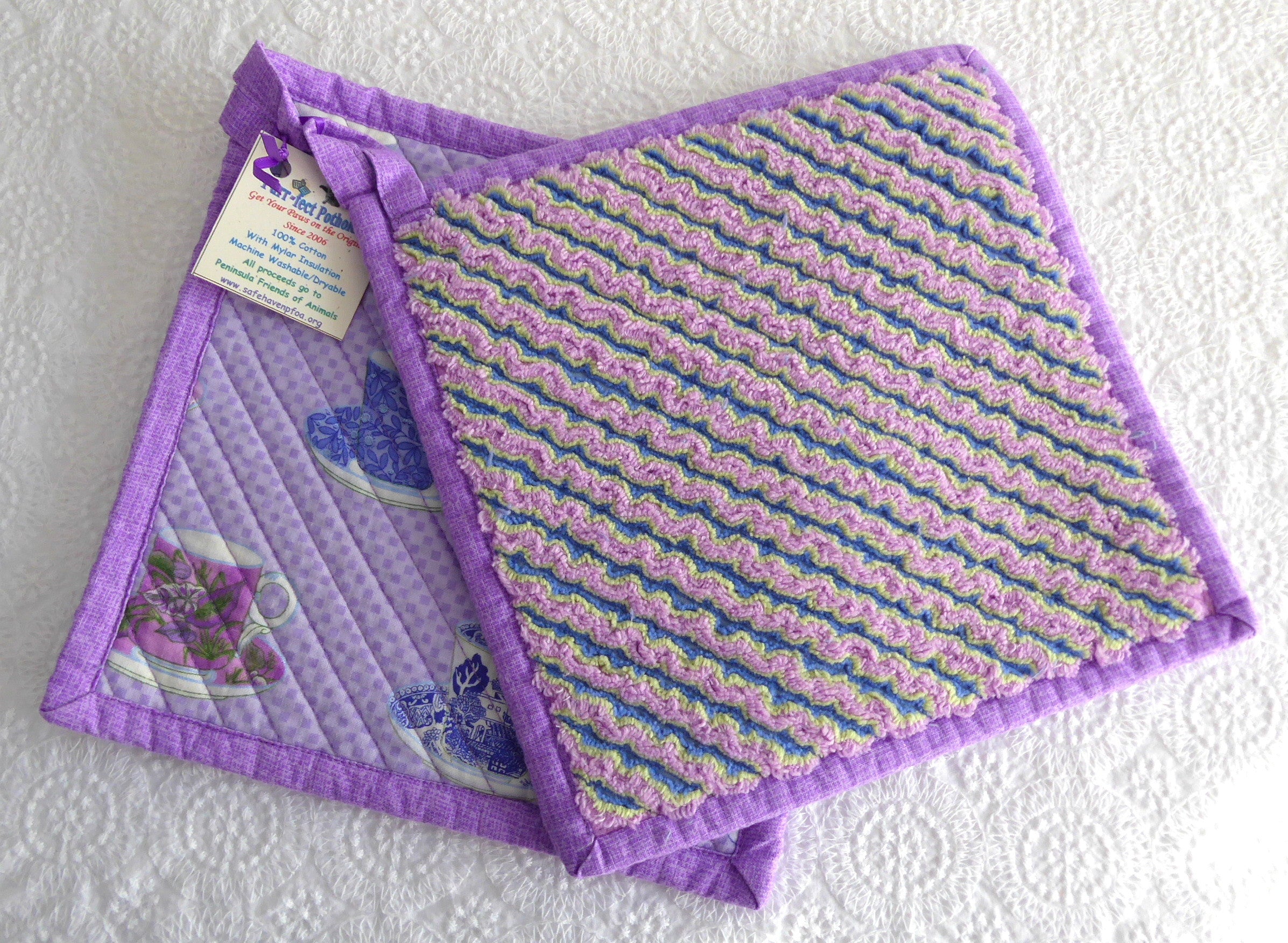 Handmade Purple Teacup Padded Potholders - Set of 2 Heat-Resistant Kitchen Mitts for Baking & Cooking | Supports Animal Charity | Perfect Gift for Tea Lovers & Home Chefs
