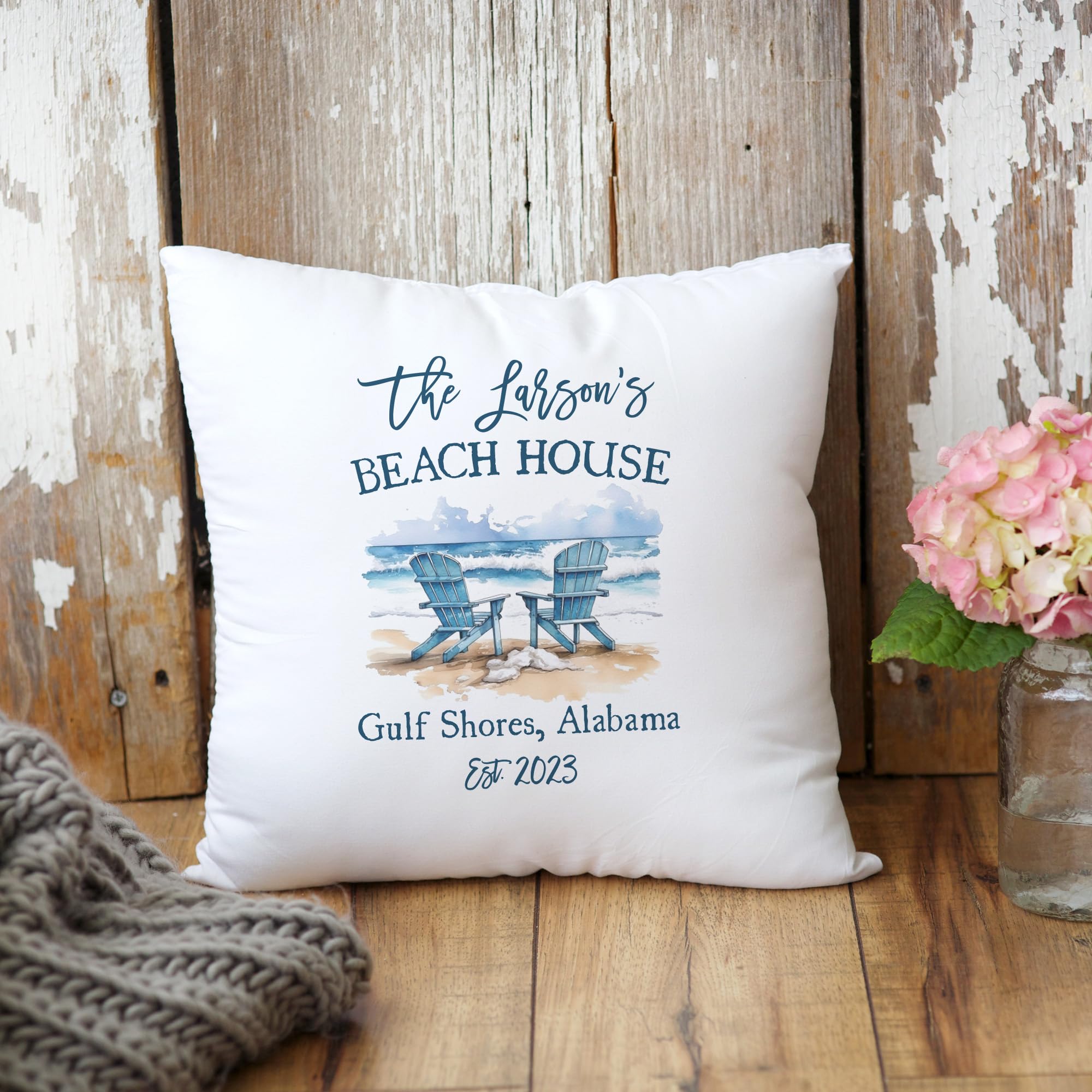 Custom Beach House Pillow - Personalized Coastal Decor Throw Pillow for Wedding Gift, Housewarming Present - Perfect for Beach Homes, Vacation Rentals & Coastal Living Rooms
