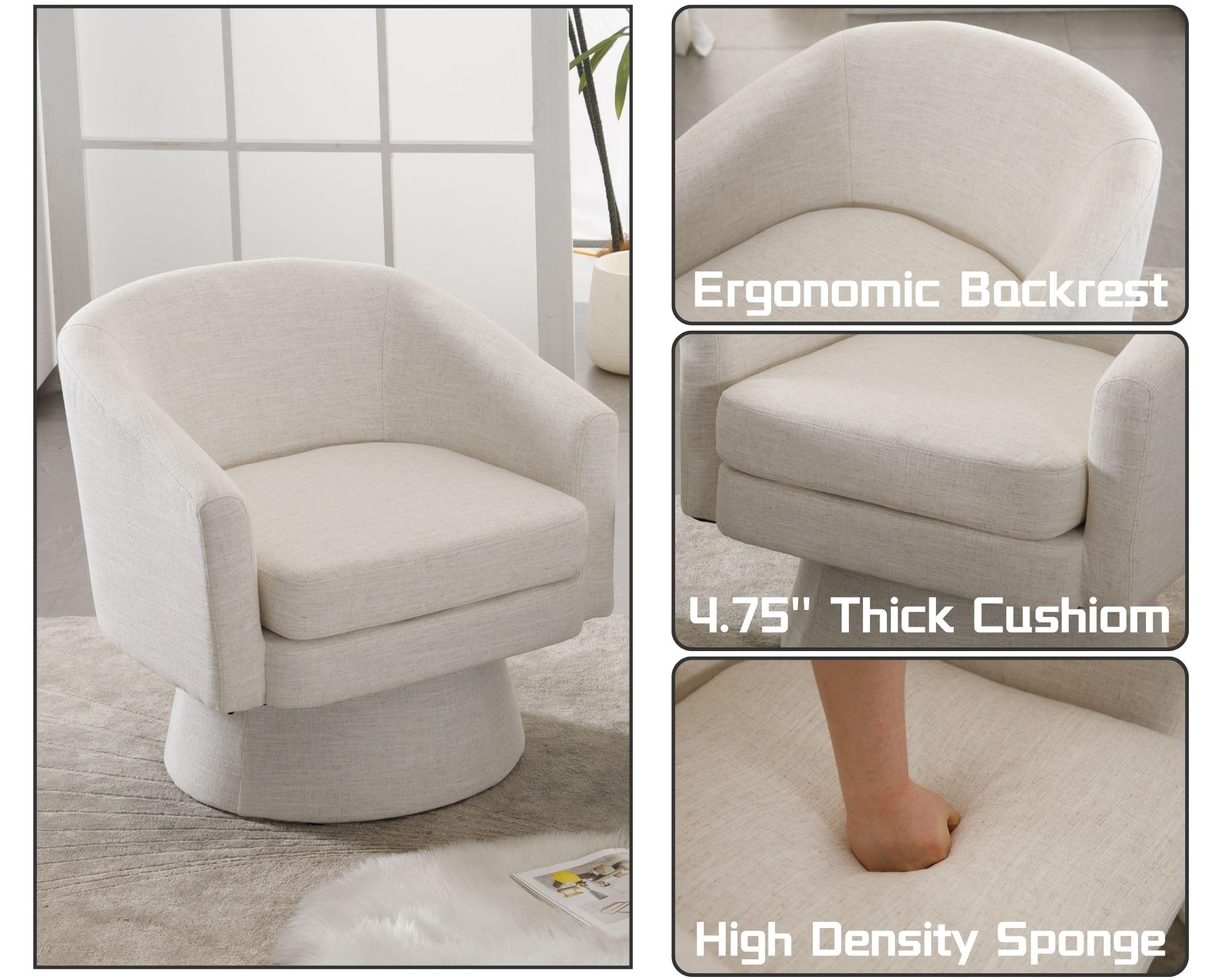 Modern Swivel Beige Accent Chairs Set of 2 - Linen Upholstered Barrel Chairs with Sherpa Back, Cozy Vanity Armchairs for Living Room, Bedroom & Reading Nook - Round Lounge Club Side Chairs for Home Decor & Relaxation