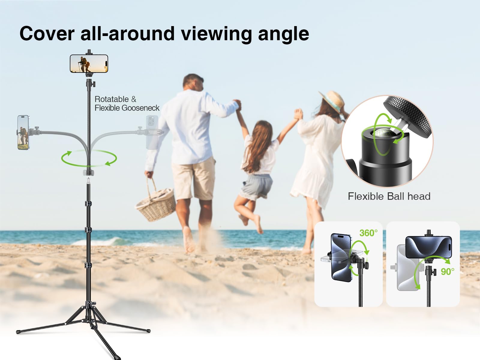 Elitehood 6.8 Feet Tall Aluminum Phone Tripod Stand - Lightweight & Ultra Stable Adjustable Phone Holder for iPhone 15 Pro Max/15 Pro/14/13 & Android Smartphones - Perfect for Vlogging, Live Streaming, Video Recording & Photography