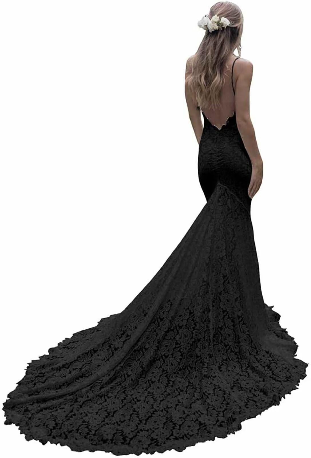 Boho Mermaid Wedding Dress with Lace Spaghetti Straps & V-Neck - Elegant Bodycon Long Bridal Gown for Beach, Garden & Destination Weddings