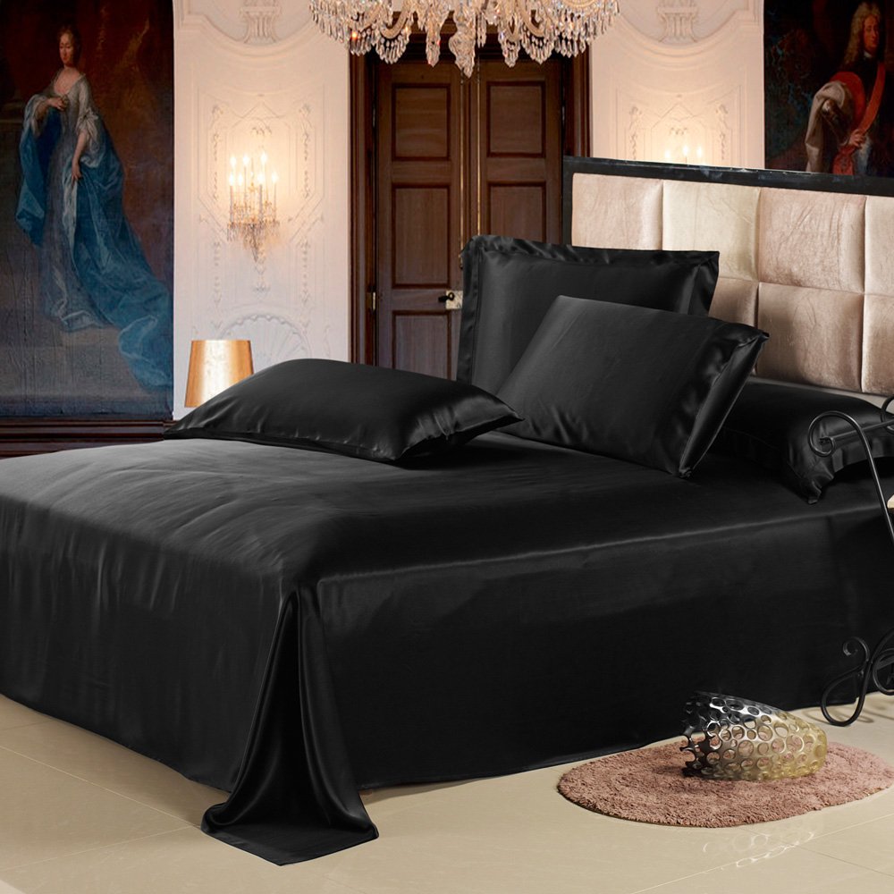 LilySilk 19 Momme 100% Mulberry Silk Flat Sheet - Seamless Luxury Bedding for California King Size, Black | Perfect for Hot Sleepers & Sensitive Skin, Ideal for Master Bedroom & Hotel Luxury