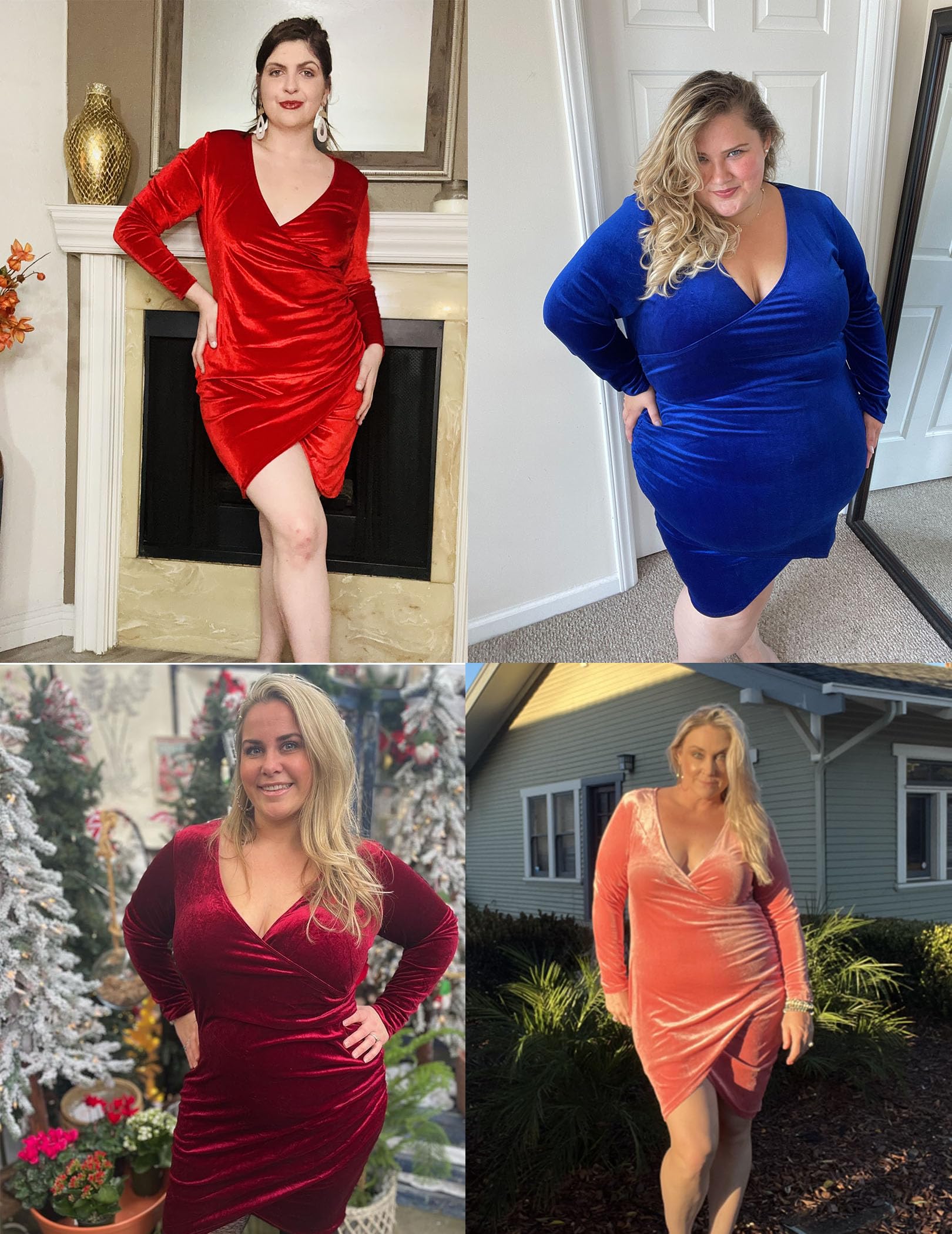 IN'VOLAND Women's Plus Size Long Sleeve Velvet Bodycon Dress - Ruched Wrap V Neck Cocktail Party Dress for Holiday, Wedding & Evening Events